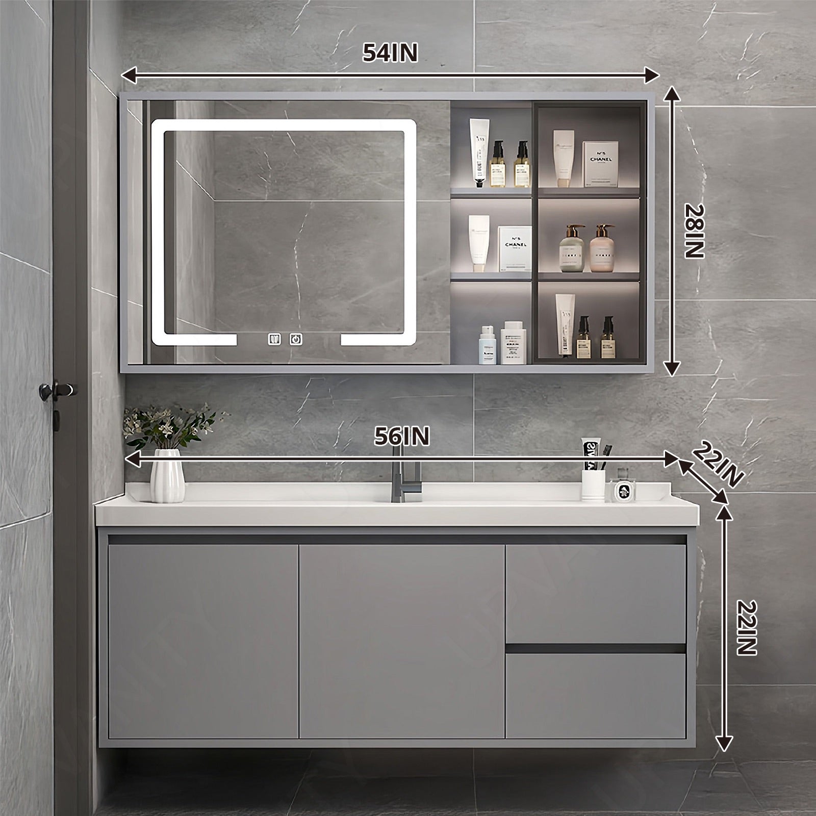 Modern Bath Vanity Set, Gray, Glass Door, 44"- 64", Single, Floating, Smart LED Mirror, Side and Rear Cabinet