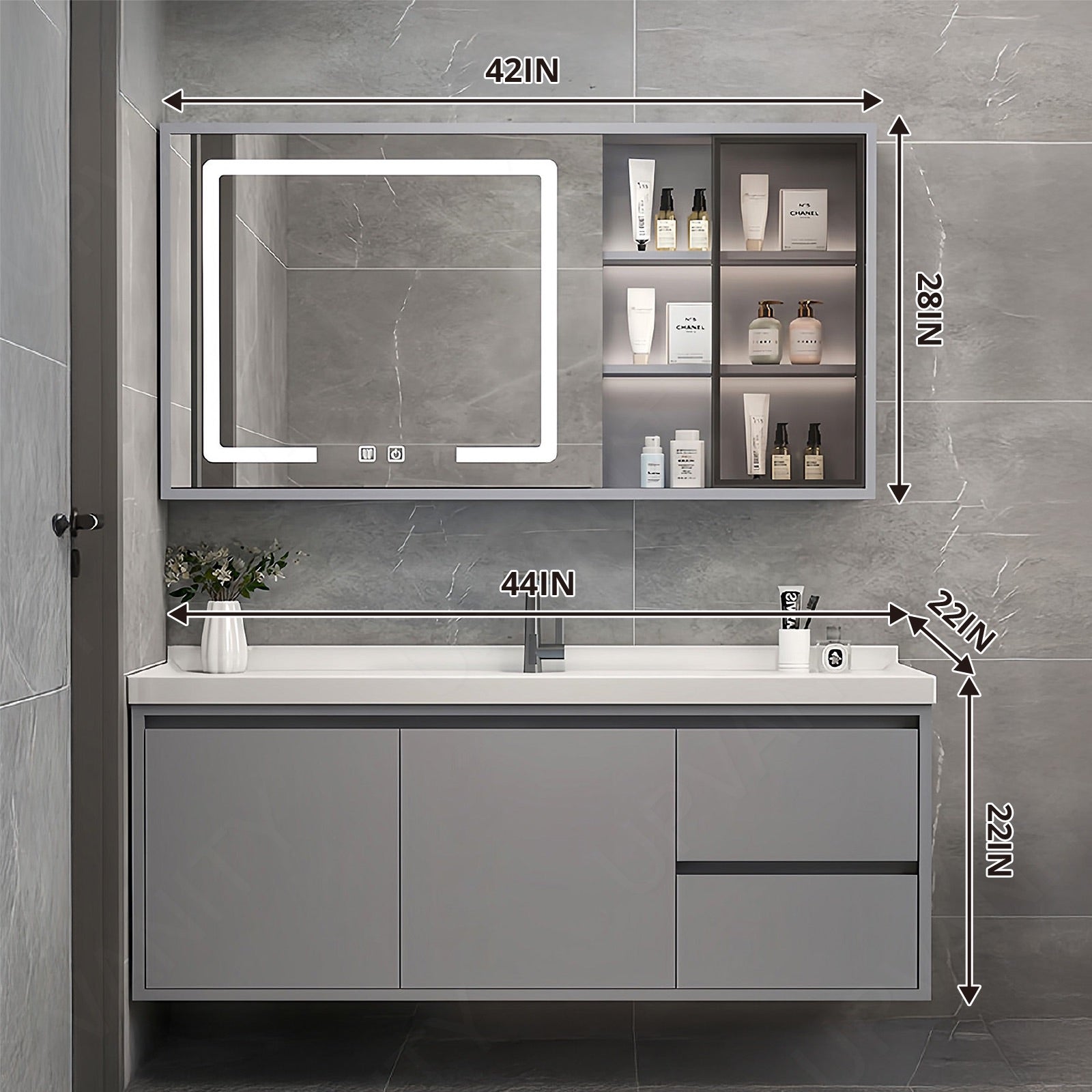 Modern Bath Vanity Set, Gray, Glass Door, 44"- 64", Single, Floating, Smart LED Mirror, Side and Rear Cabinet