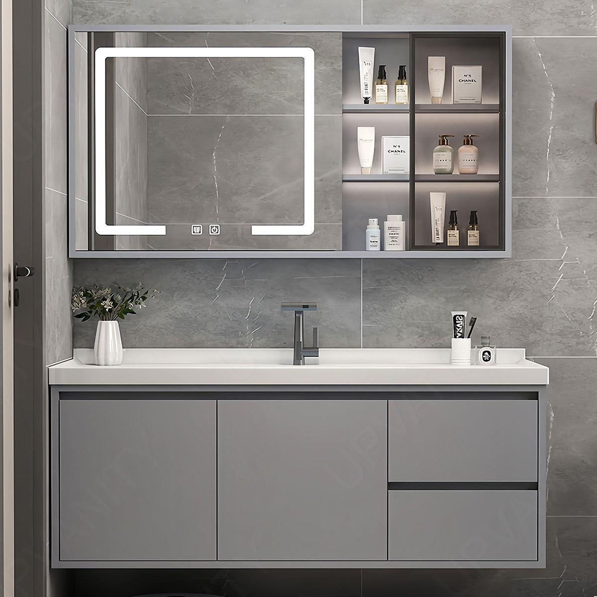 Modern Bath Vanity Set, Gray, Glass Door, 44"- 64", Single, Floating, Smart LED Mirror, Side and Rear Cabinet