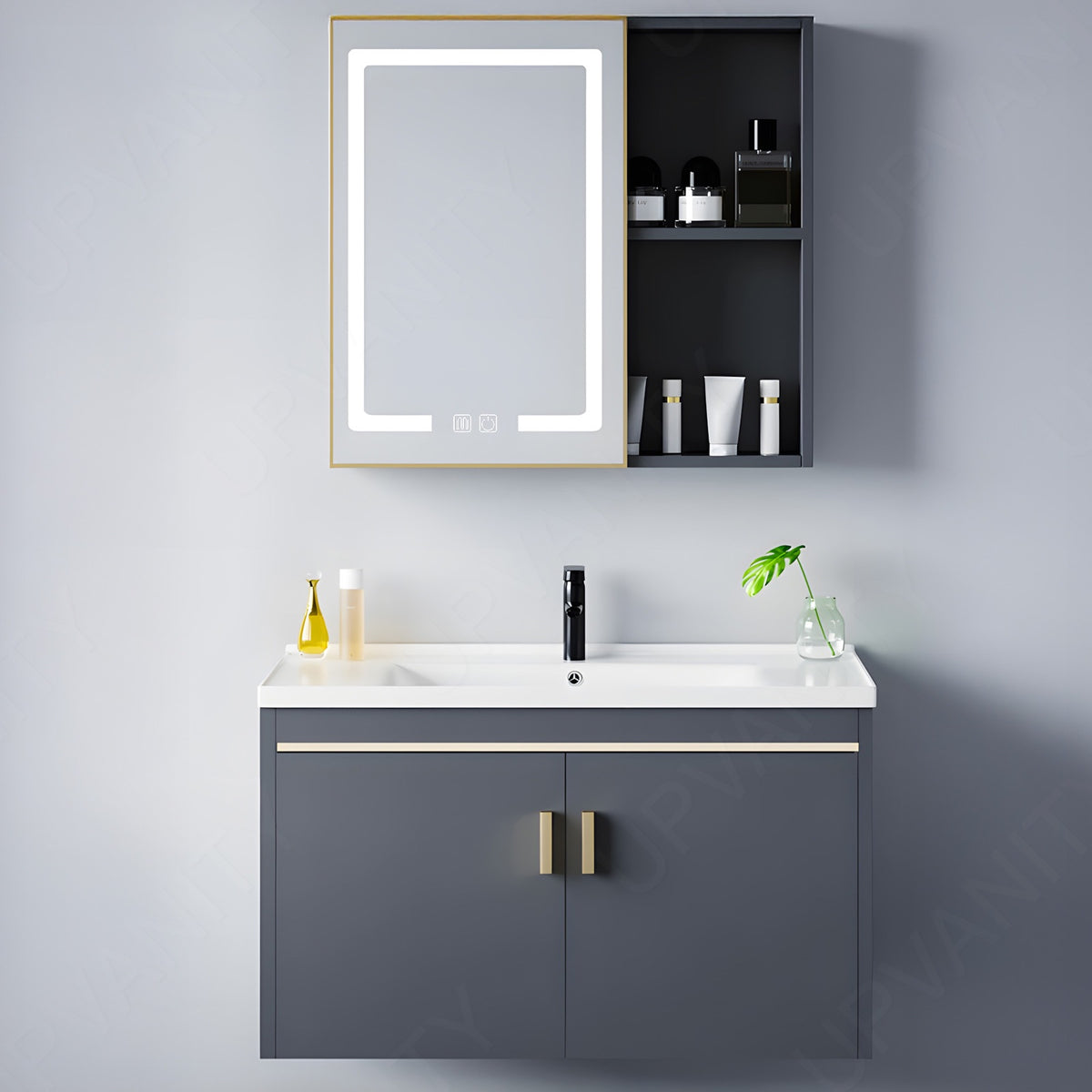 Modern Bath Vanity Set, Gray, Gold Accents, 36"-44", Single, Floating, Smart LED Mirror, Rear/Side Cabinet