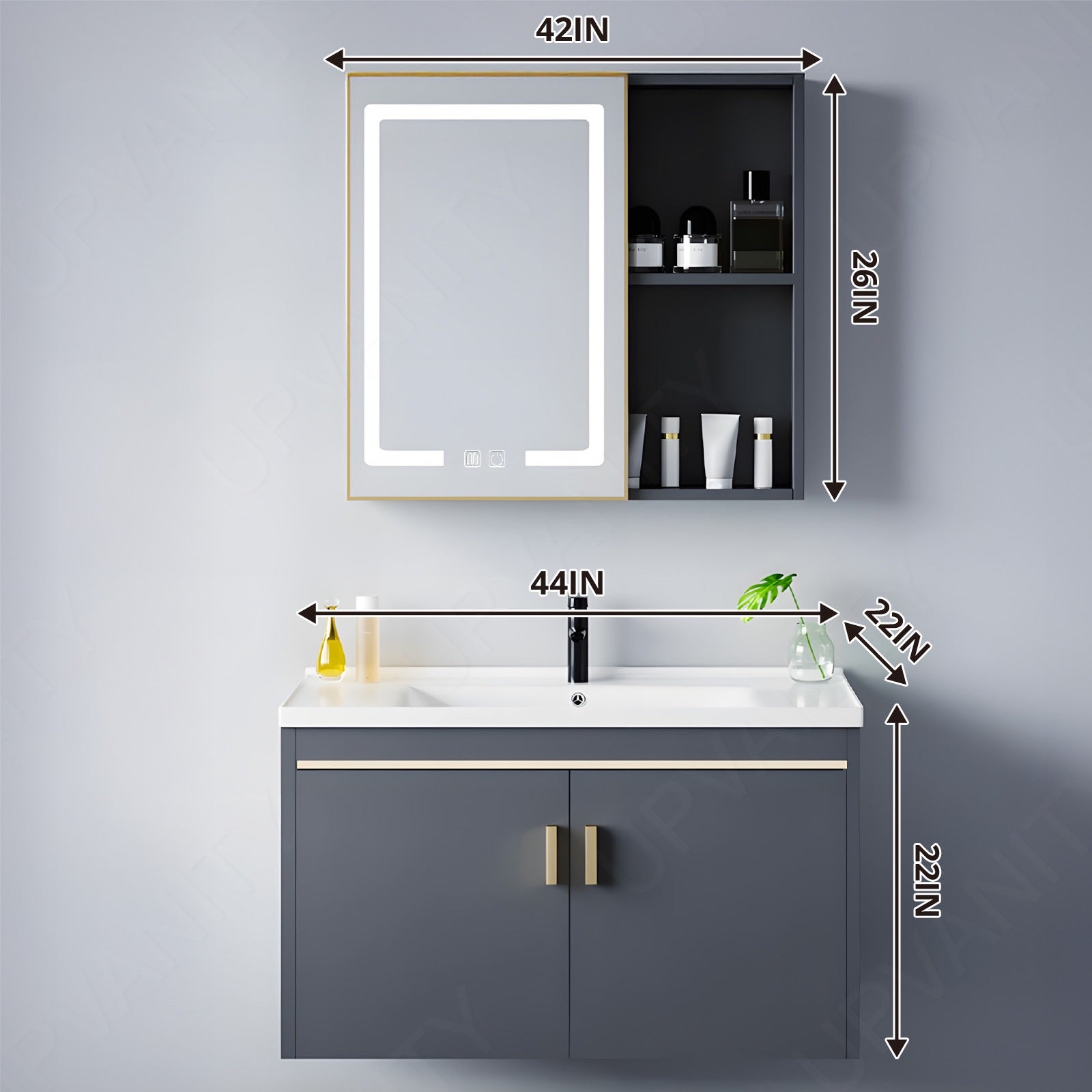 Modern Bath Vanity Set, Gray, Gold Accents, 36"-44", Single, Floating, Smart LED Mirror, Rear/Side Cabinet