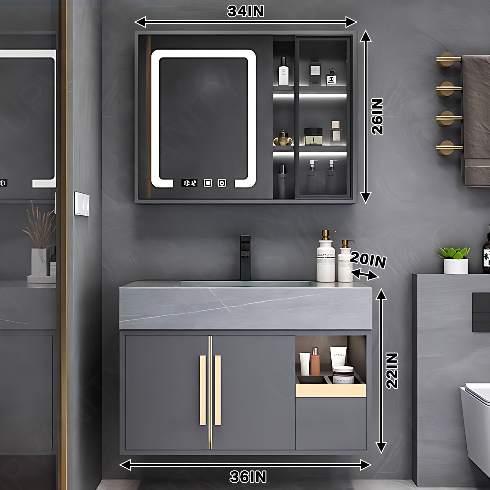 Modern Bath Vanity Set, Gray, Gold Accents, 36"- 44", Single, Floating, Smart LED Mirror, Rear/Side Cabinets