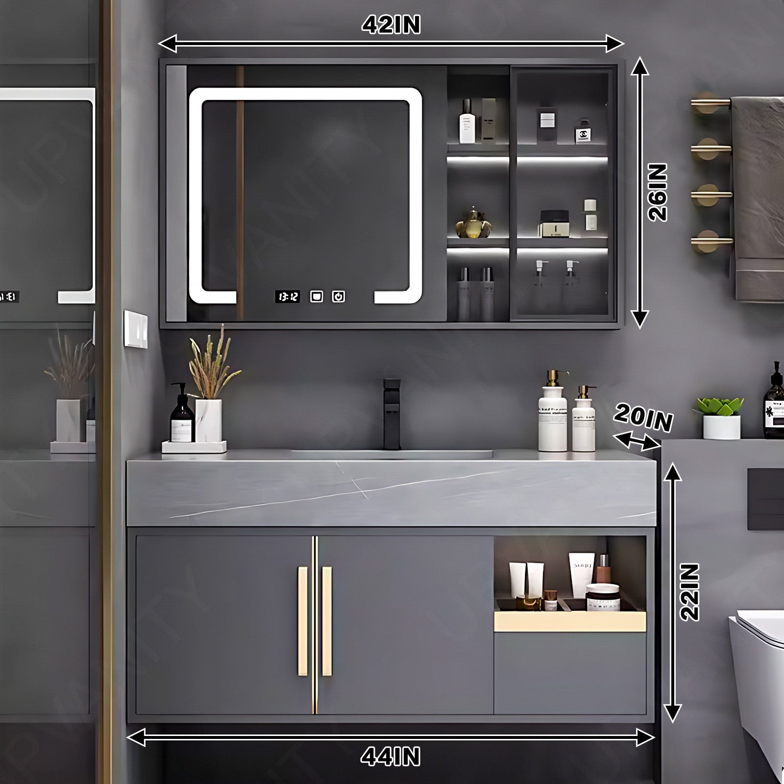 Modern Bath Vanity Set, Gray, Gold Accents, 36"- 44", Single, Floating, Smart LED Mirror, Rear/Side Cabinets