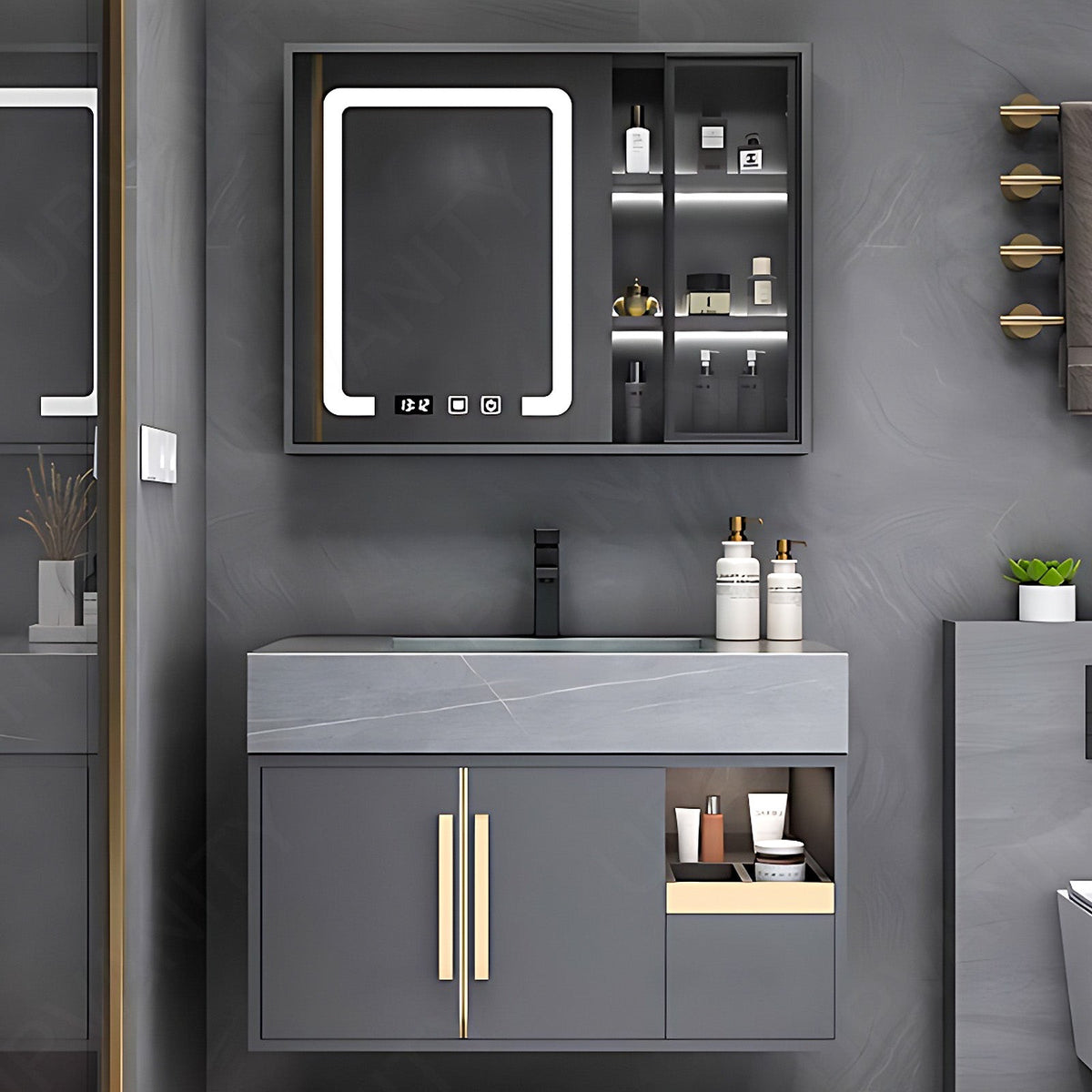 Modern Bath Vanity Set, Gray, Gold Accents, 36"- 44", Single, Floating, Smart LED Mirror, Rear/Side Cabinets