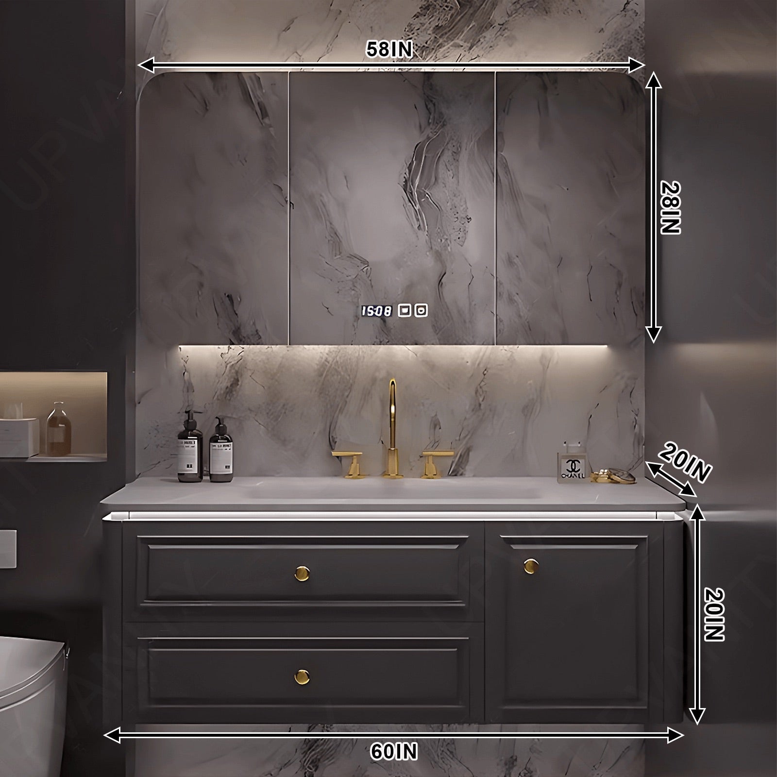 Modern Bath Vanity Set, Gray, Gold Accents, 36"- 64", Single, Floating, Smart LED Mirror, Rounded Edge, Rear Cabinet