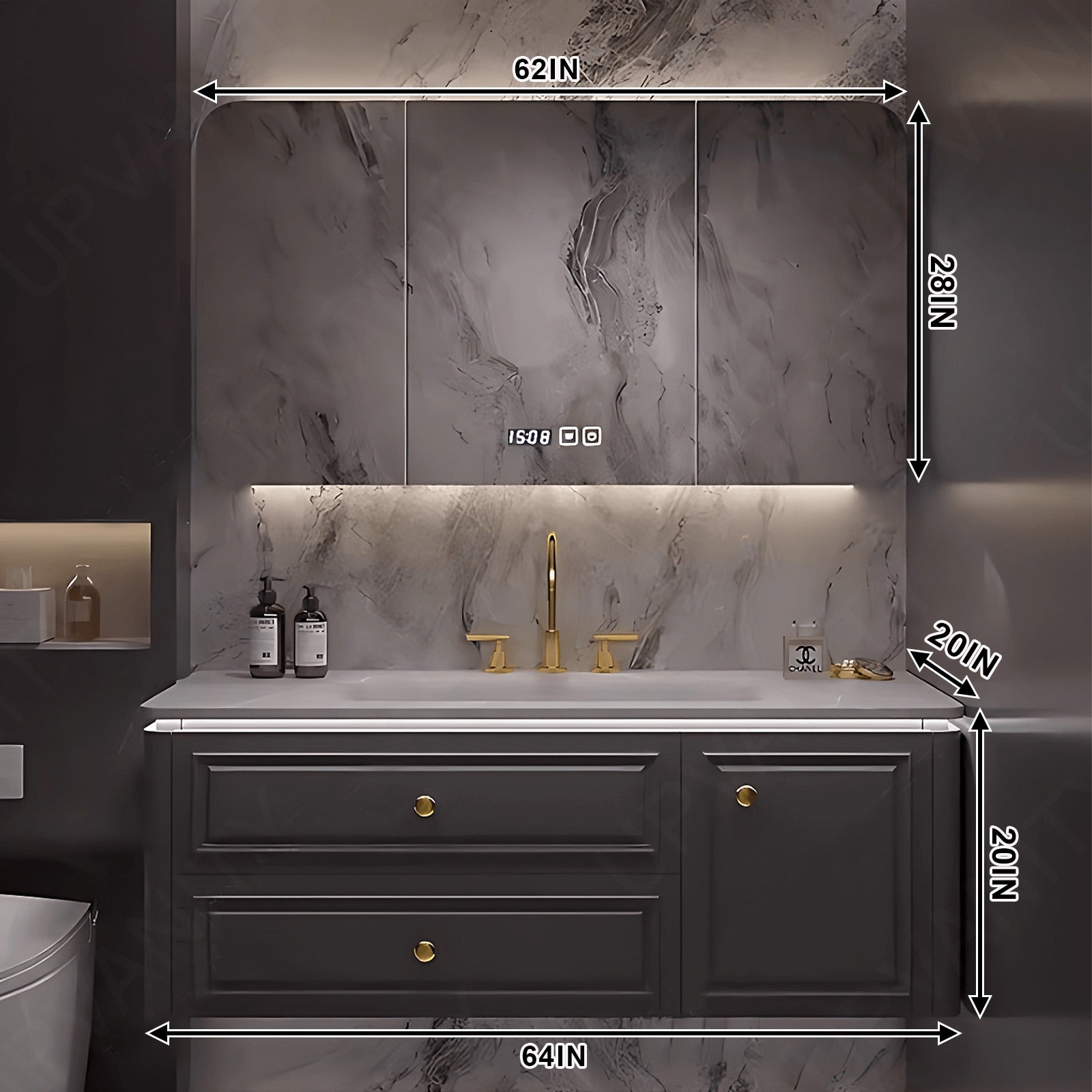 Modern Bath Vanity Set, Gray, Gold Accents, 36"- 64", Single, Floating, Smart LED Mirror, Rounded Edge, Rear Cabinet