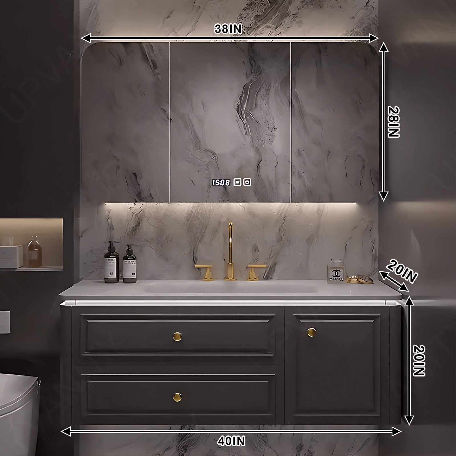 Modern Bath Vanity Set, Gray, Gold Accents, 36"- 64", Single, Floating, Smart LED Mirror, Rounded Edge, Rear Cabinet
