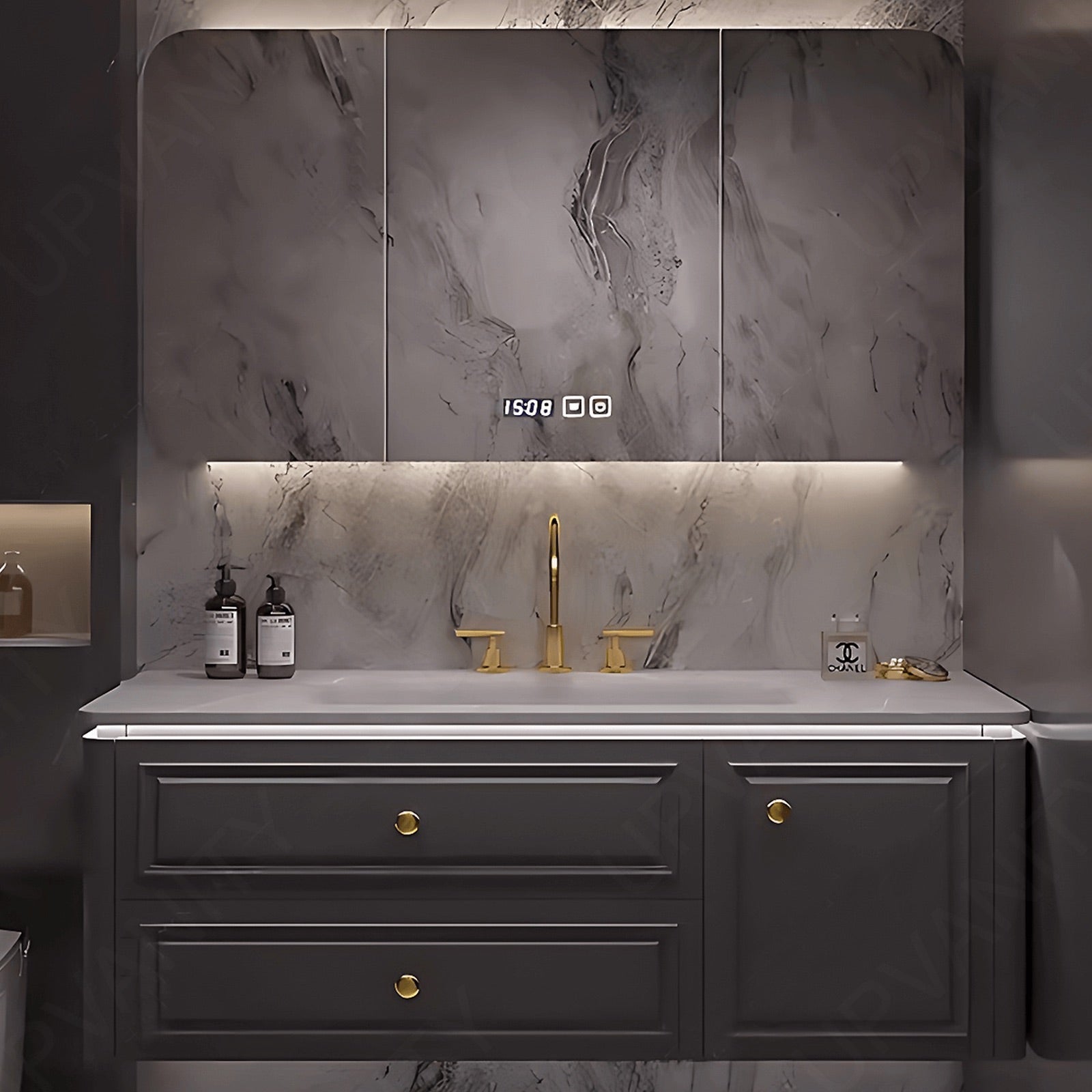 Modern Bath Vanity Set, Gray, Gold Accents, 36"- 64", Single, Floating, Smart LED Mirror, Rounded Edge, Rear Cabinet