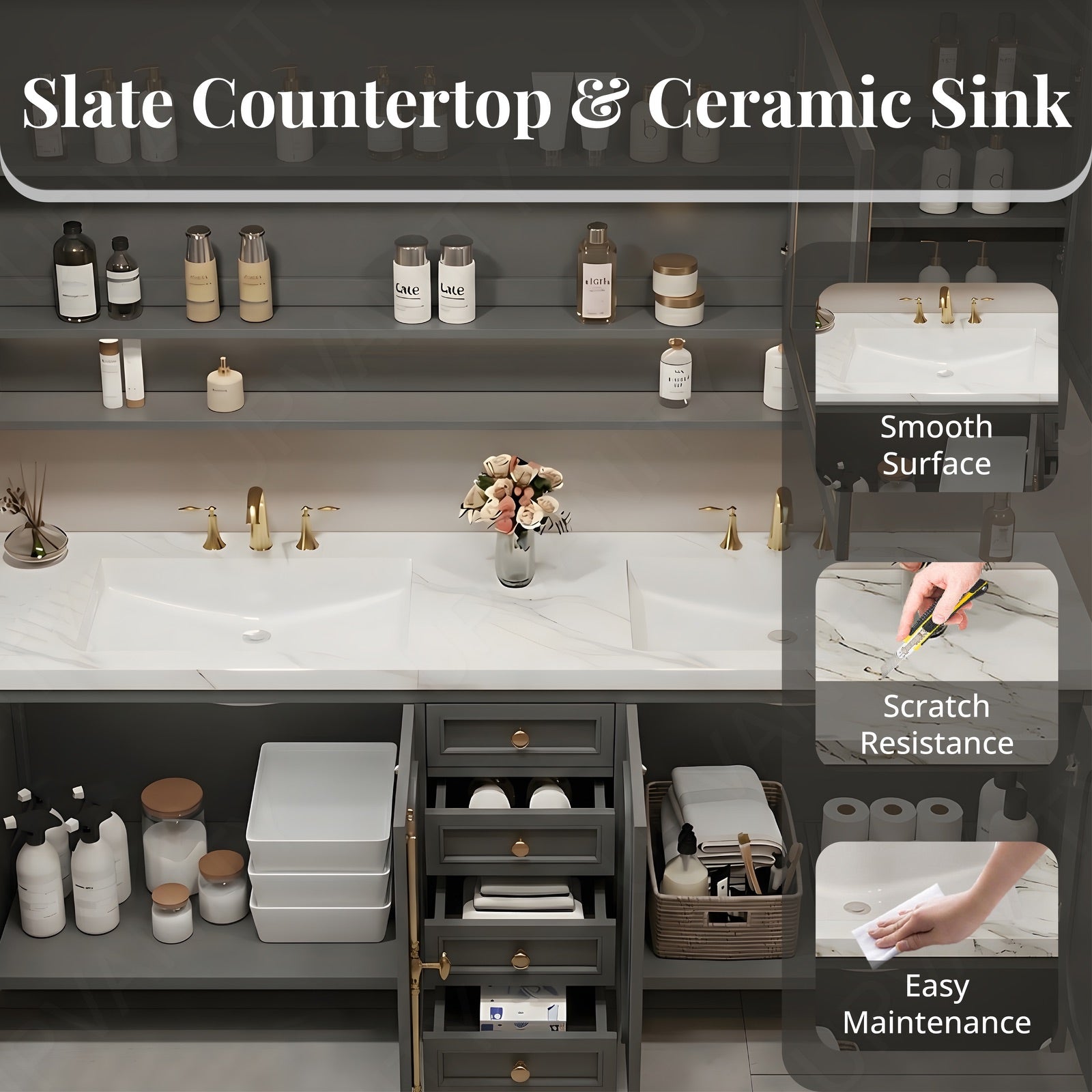 Modern Bath Vanity Set, Gray, Gold Accents, 36"- 78", Double/Single, Freestanding, Glass Door, Smart LED Mirror, Rear Cabinet