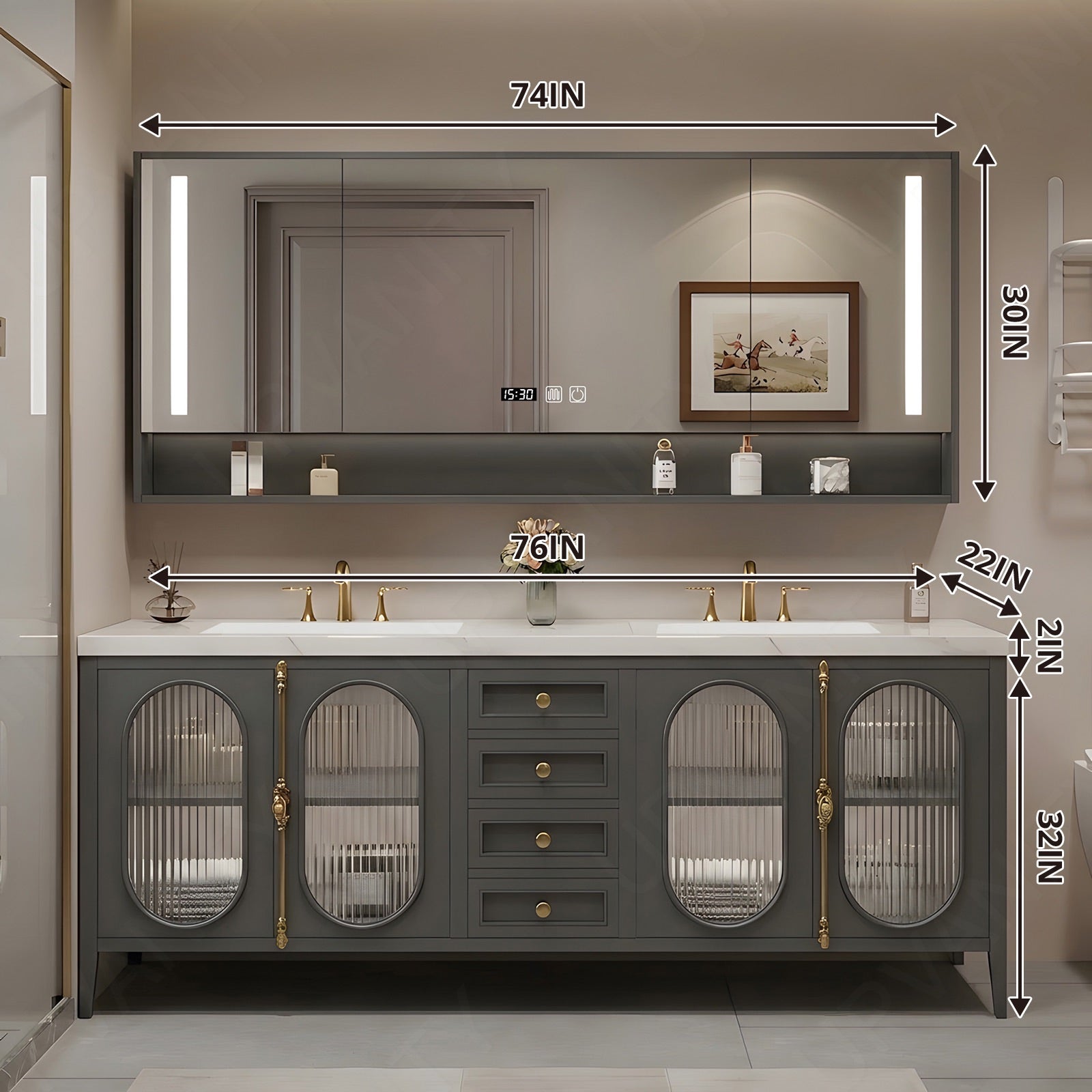 Modern Bath Vanity Set, Gray, Gold Accents, 36"- 78", Double/Single, Freestanding, Glass Door, Smart LED Mirror, Rear Cabinet