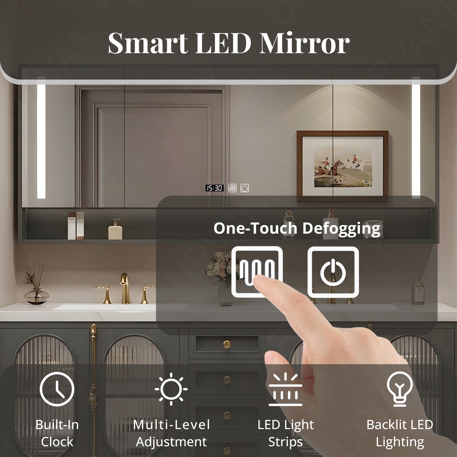 Modern Bath Vanity Set, Gray, Gold Accents, 36"- 78", Double/Single, Freestanding, Glass Door, Smart LED Mirror, Rear Cabinet