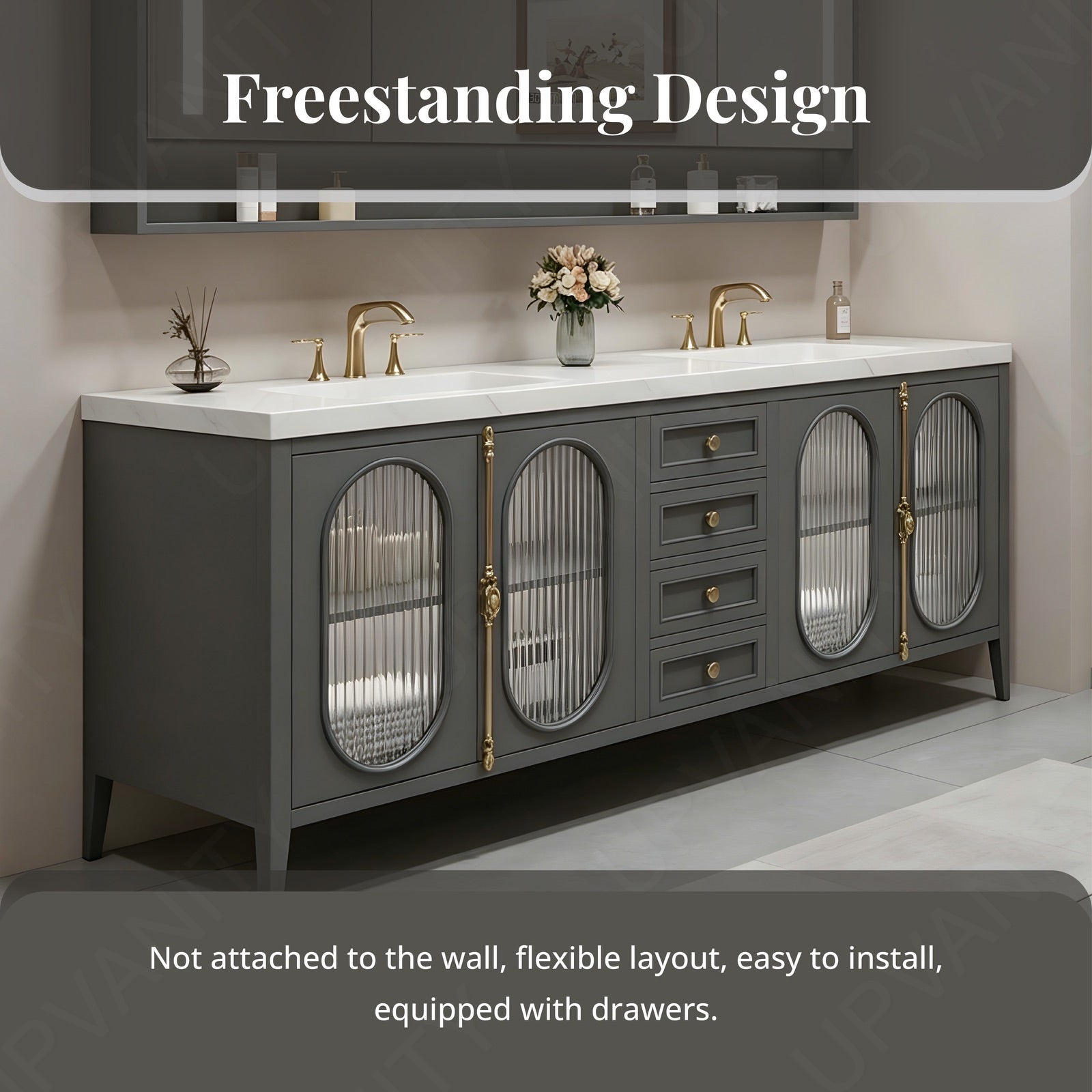 Modern Bath Vanity Set, Gray, Gold Accents, 36"- 78", Double/Single, Freestanding, Glass Door, Smart LED Mirror, Rear Cabinet