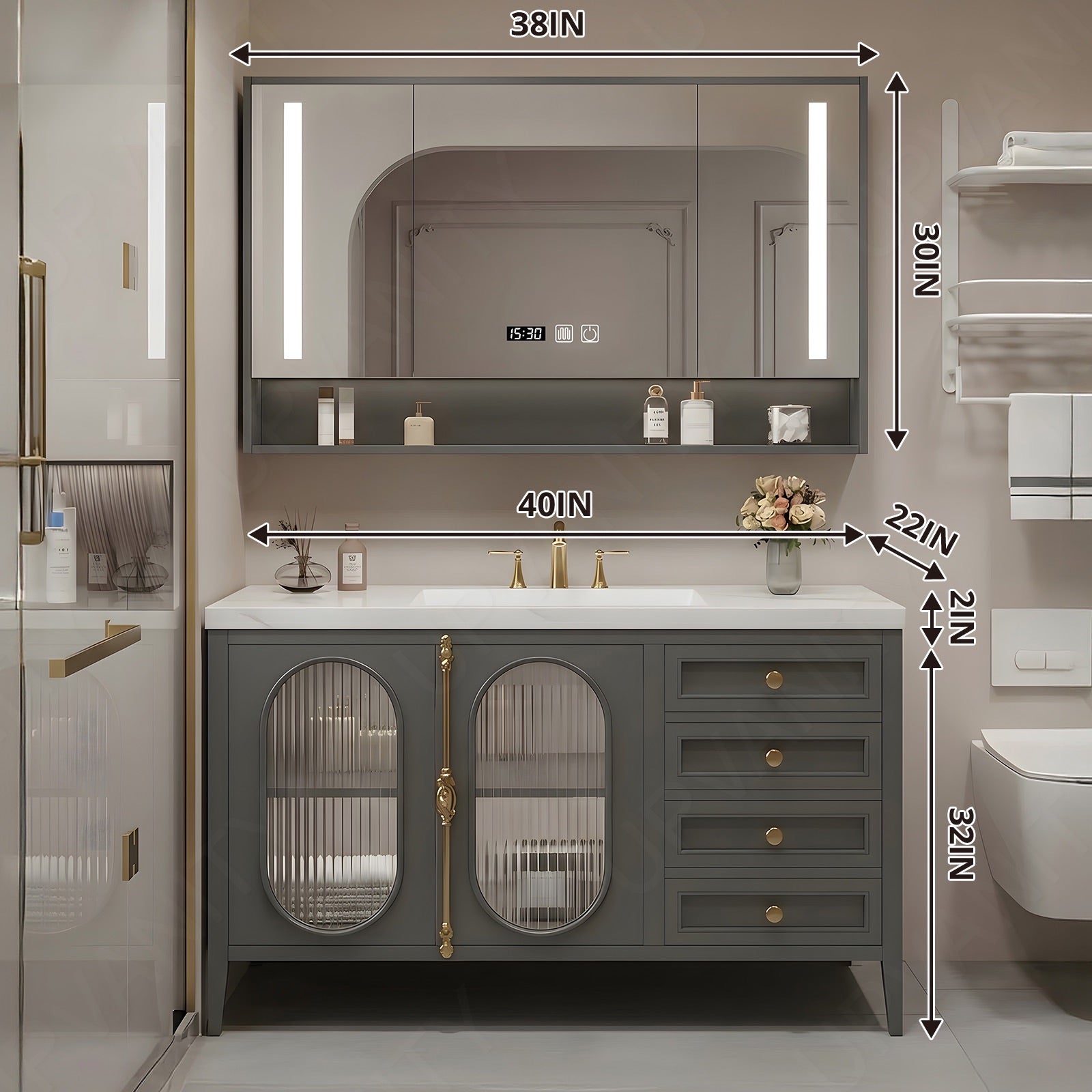 Modern Bath Vanity Set, Gray, Gold Accents, 36"- 78", Double/Single, Freestanding, Glass Door, Smart LED Mirror, Rear Cabinet