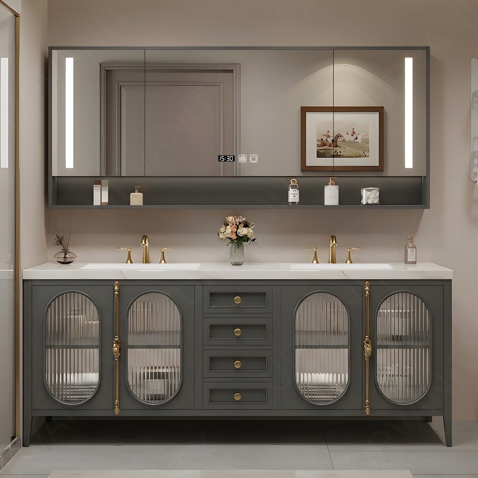 Modern Bath Vanity Set, Gray, Gold Accents, 36"- 78", Double/Single, Freestanding, Glass Door, Smart LED Mirror, Rear Cabinet