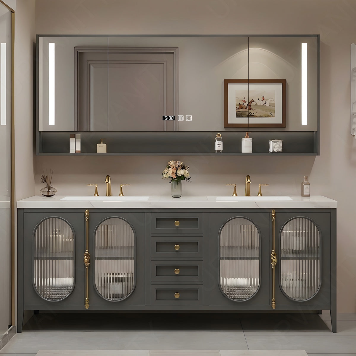 Modern Bath Vanity Set, Gray, Gold Accents, 36"- 78", Double/Single, Freestanding, Glass Door, Smart LED Mirror, Rear Cabinet