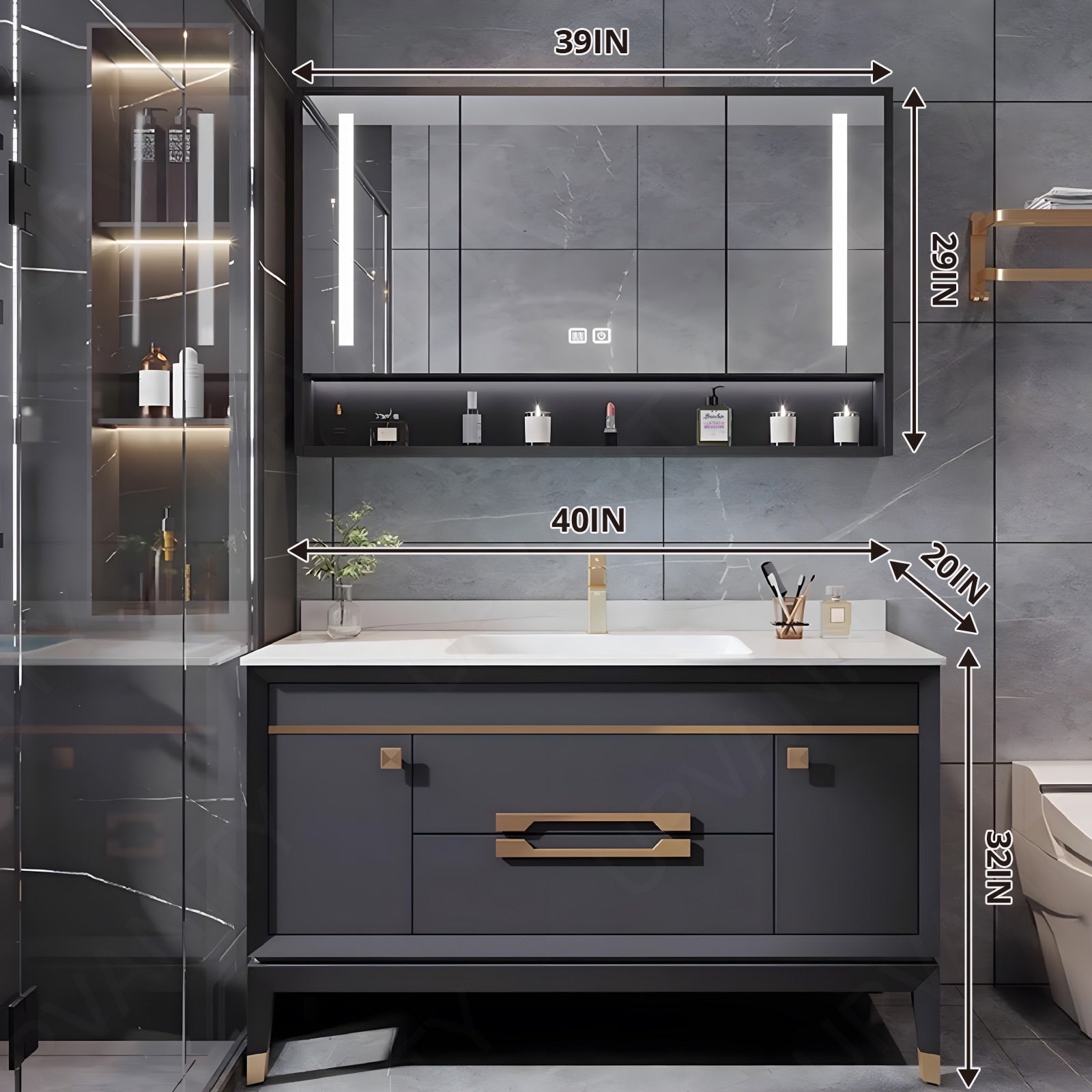 Modern Bath Vanity Set, Gray, Gold Accents, 40"- 48", Single, Freestanding, Smart LED Mirror, Rear Cabinet