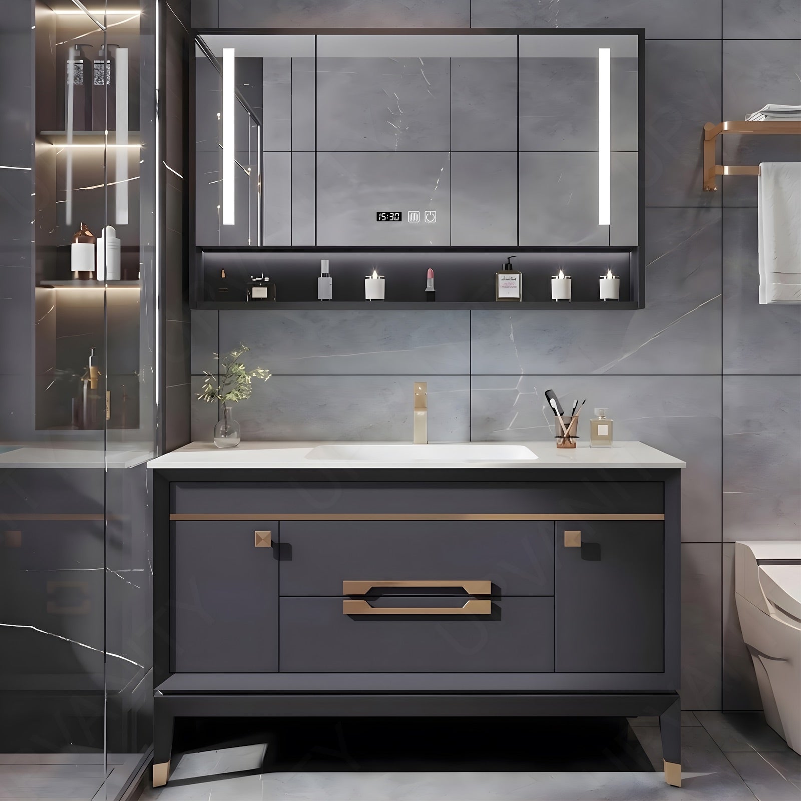 Modern Bath Vanity Set, Gray, Gold Accents, 40"- 48", Single, Freestanding, Smart LED Mirror, Rear Cabinet