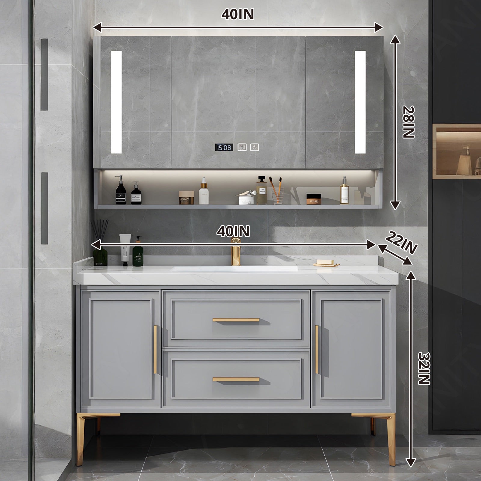 Modern Bath Vanity Set, Gray, Gold Accents, 40"-64", Single, Freestanding, Smart LED Mirror, Rear Cabinet