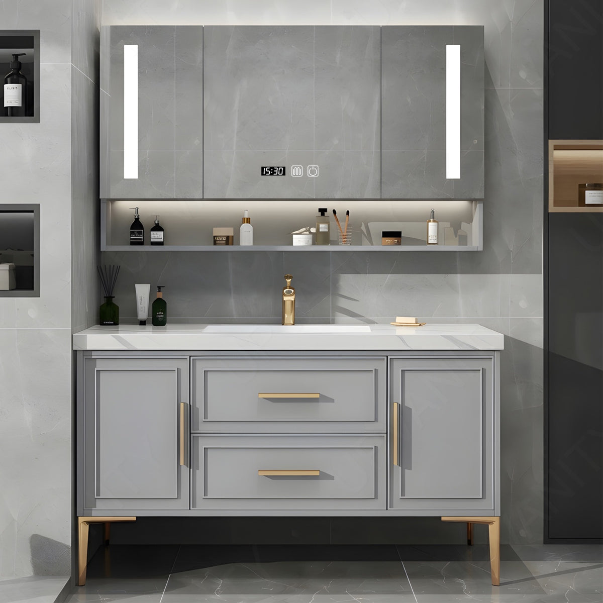 Modern Bath Vanity Set, Gray, Gold Accents, 40"-64", Single, Freestanding, Smart LED Mirror, Rear Cabinet