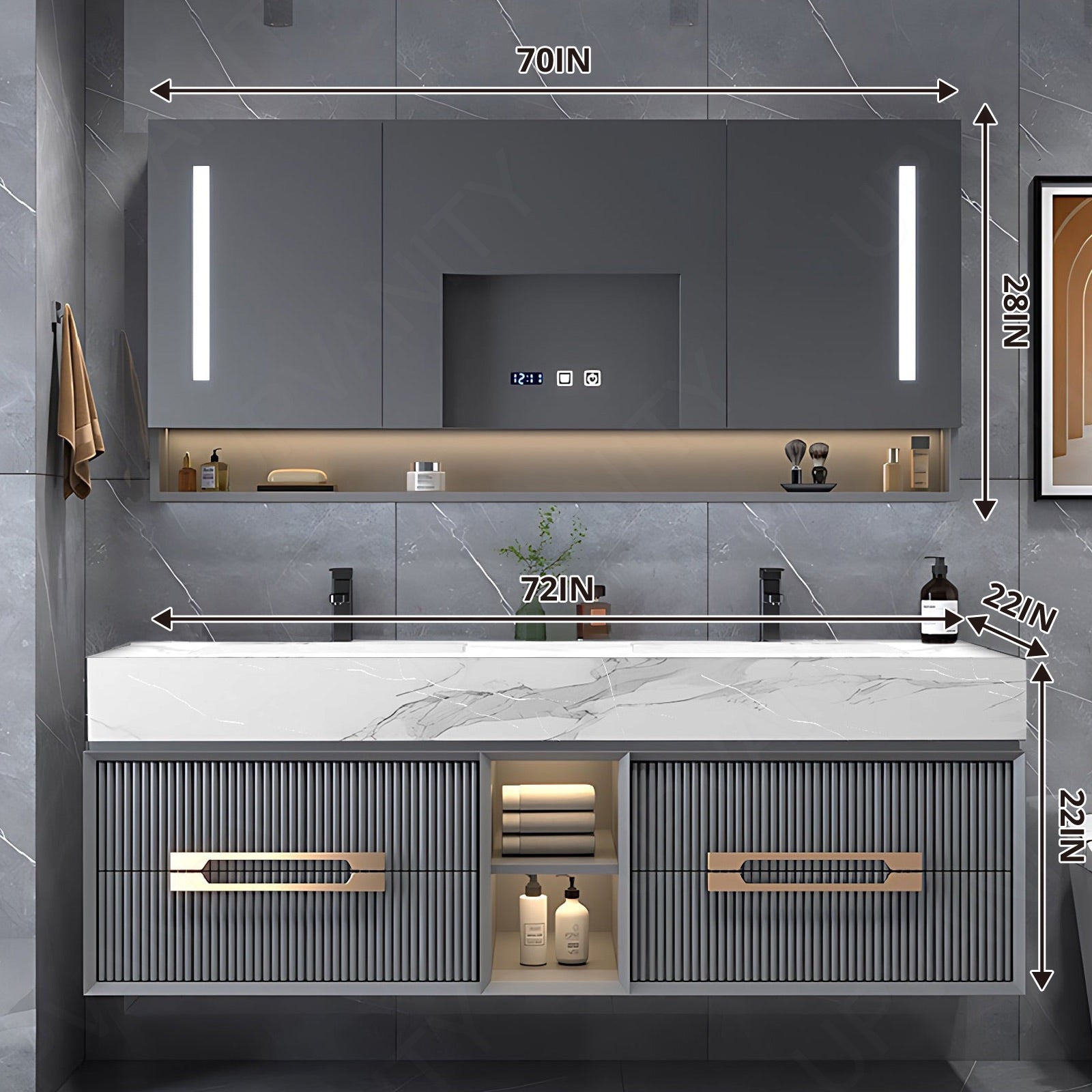 Modern Bath Vanity Set, Gray, Gold Accents, 40"- 78", Single/Double, Floating, Smart LED Mirror, Rear Mirror Cabinet