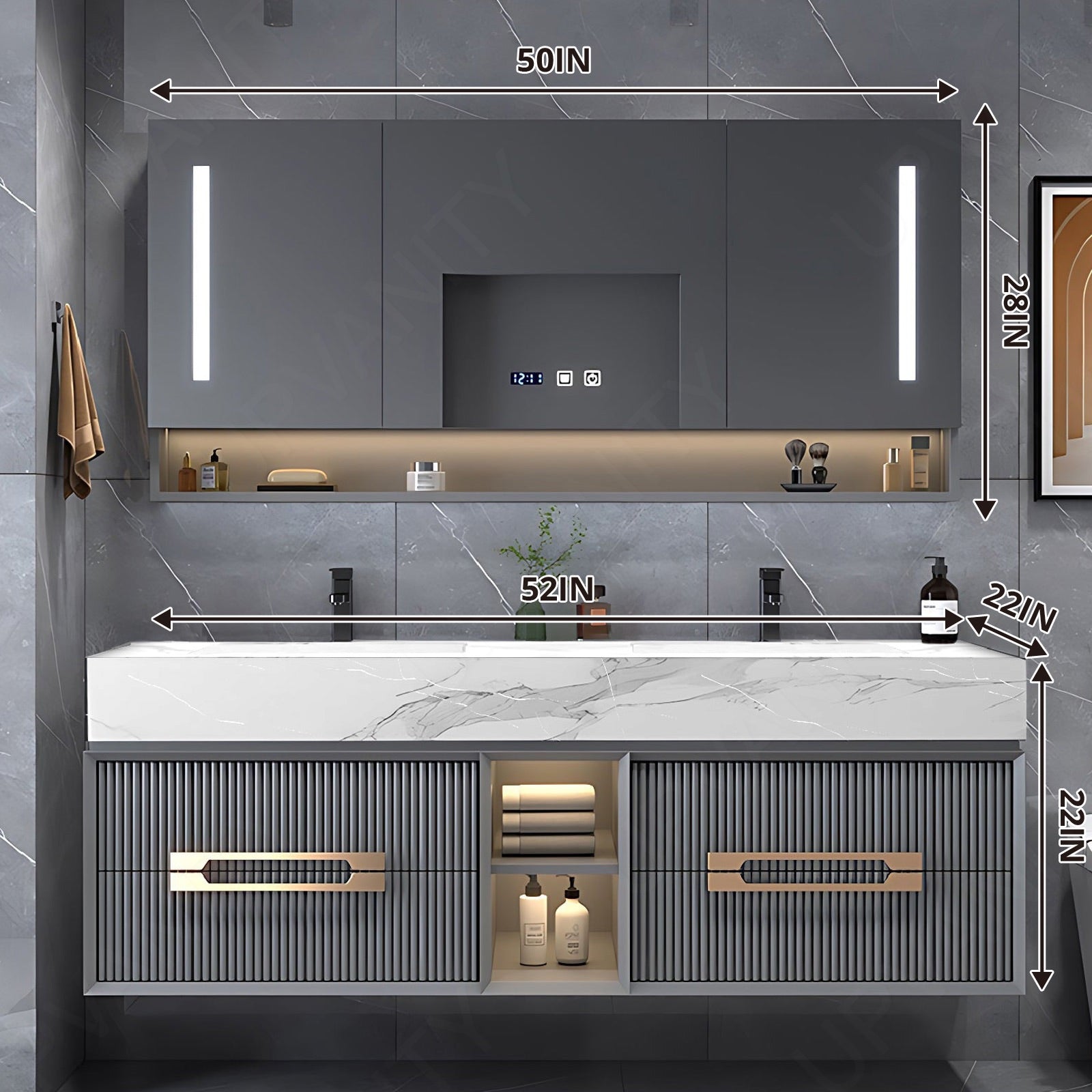 Modern Bath Vanity Set, Gray, Gold Accents, 40"- 78", Single/Double, Floating, Smart LED Mirror, Rear Mirror Cabinet