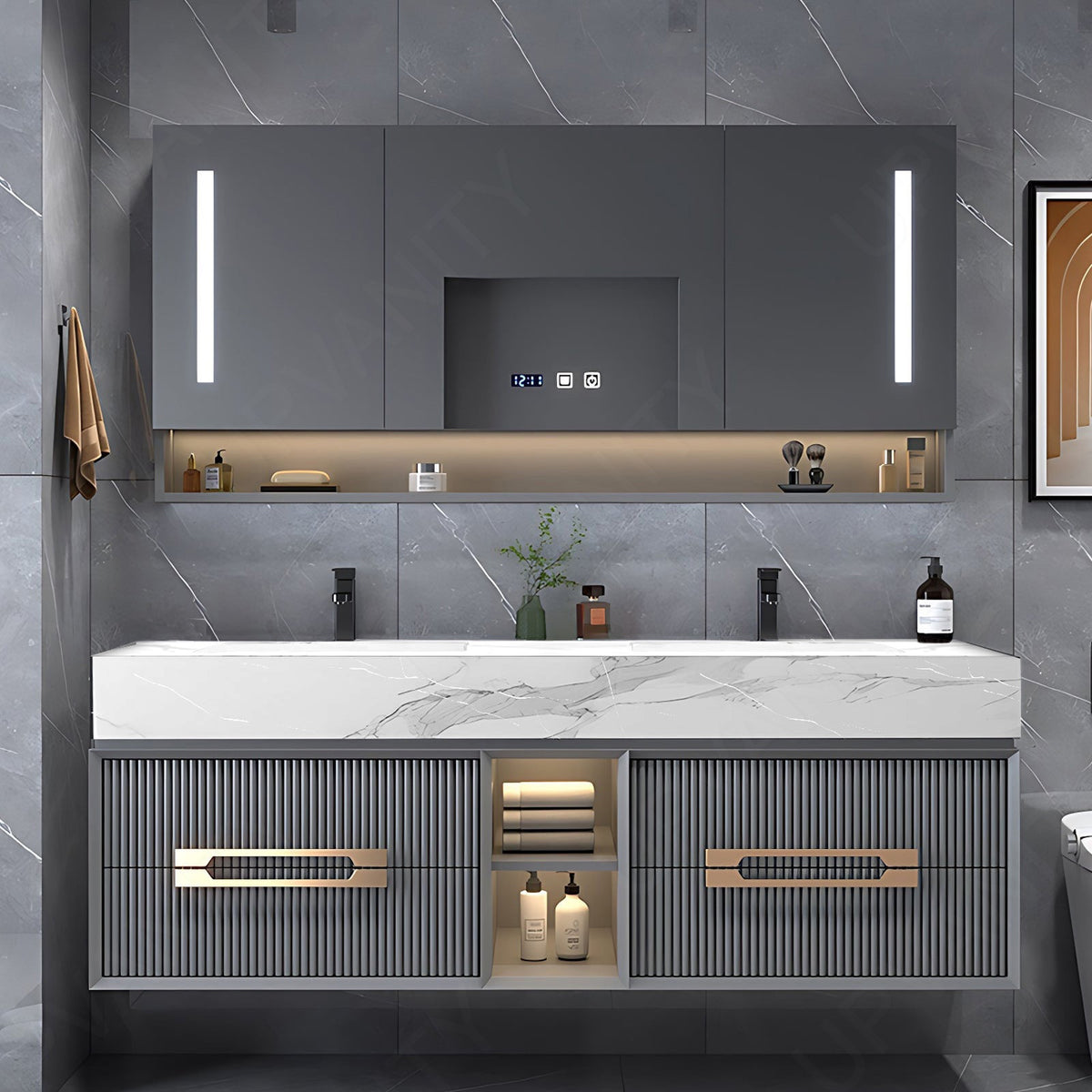 Modern Bath Vanity Set, Gray, Gold Accents, 40"- 78", Single/Double, Floating, Smart LED Mirror, Rear Mirror Cabinet