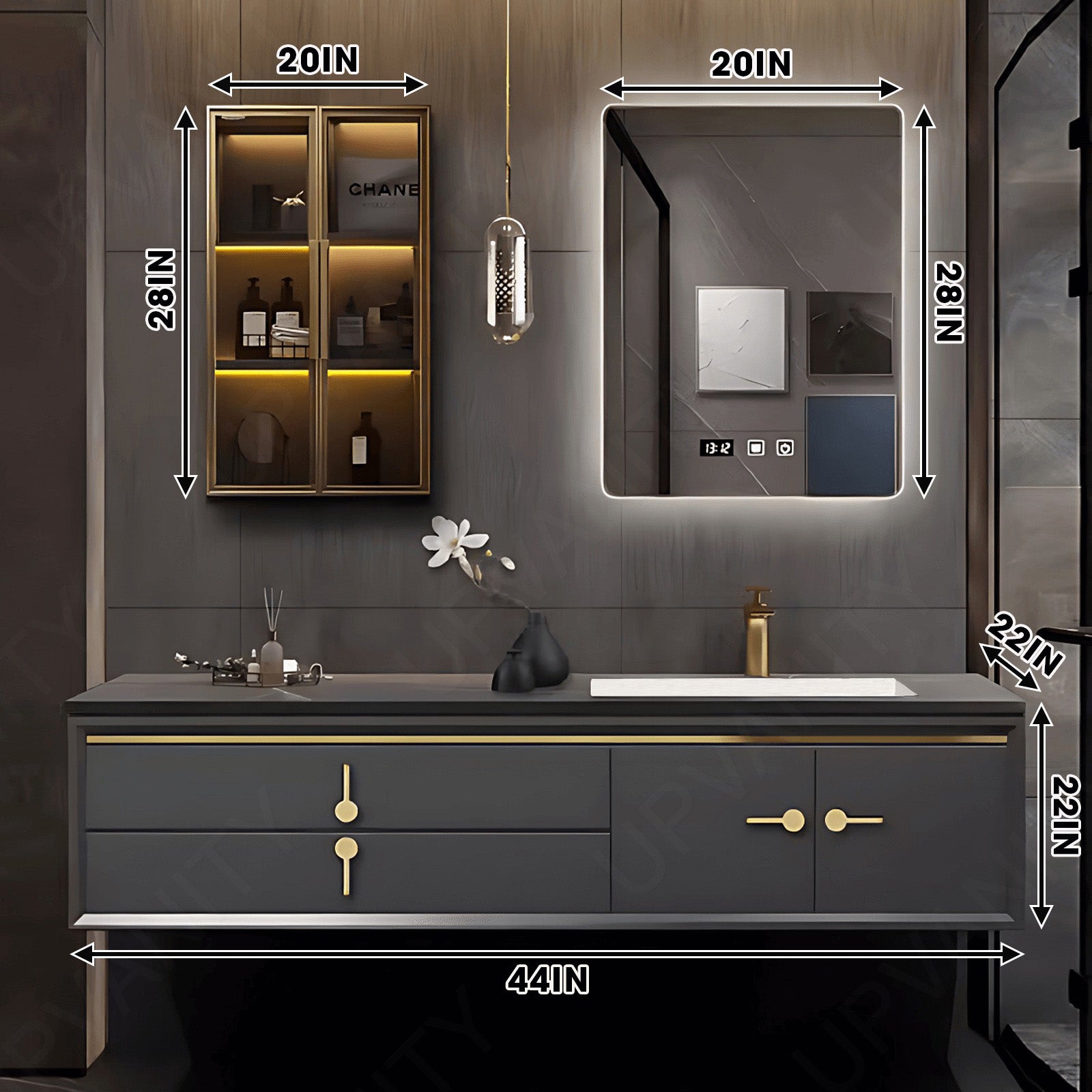 Modern Bath Vanity Set, Gray, Gold Accents, 44"- 78", Single, Floating, Smart LED Mirror, Side Cabinet