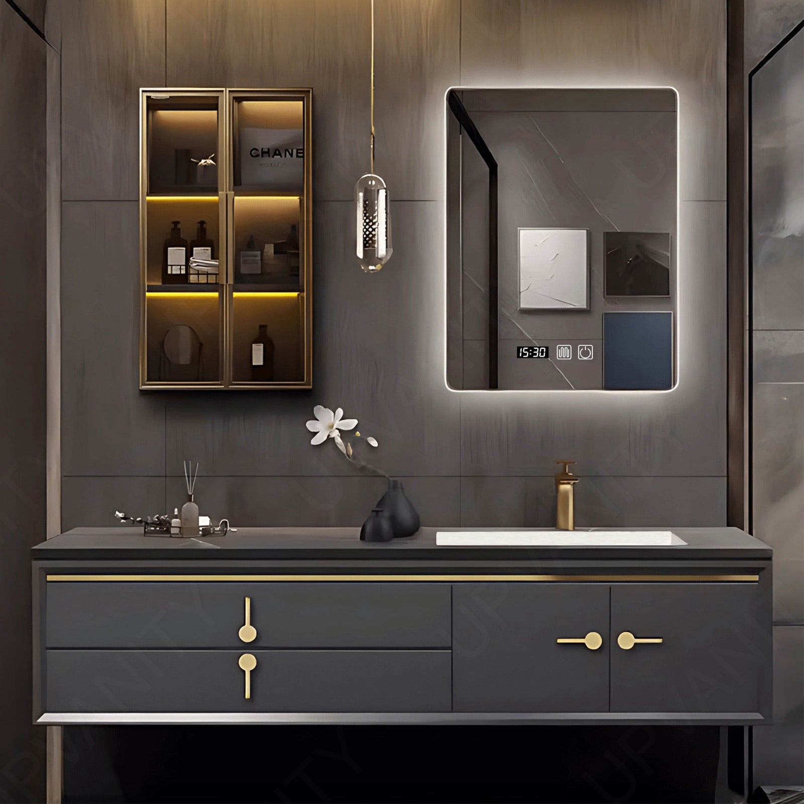 Modern Bath Vanity Set, Gray, Gold Accents, 44"- 78", Single, Floating, Smart LED Mirror, Side Cabinet