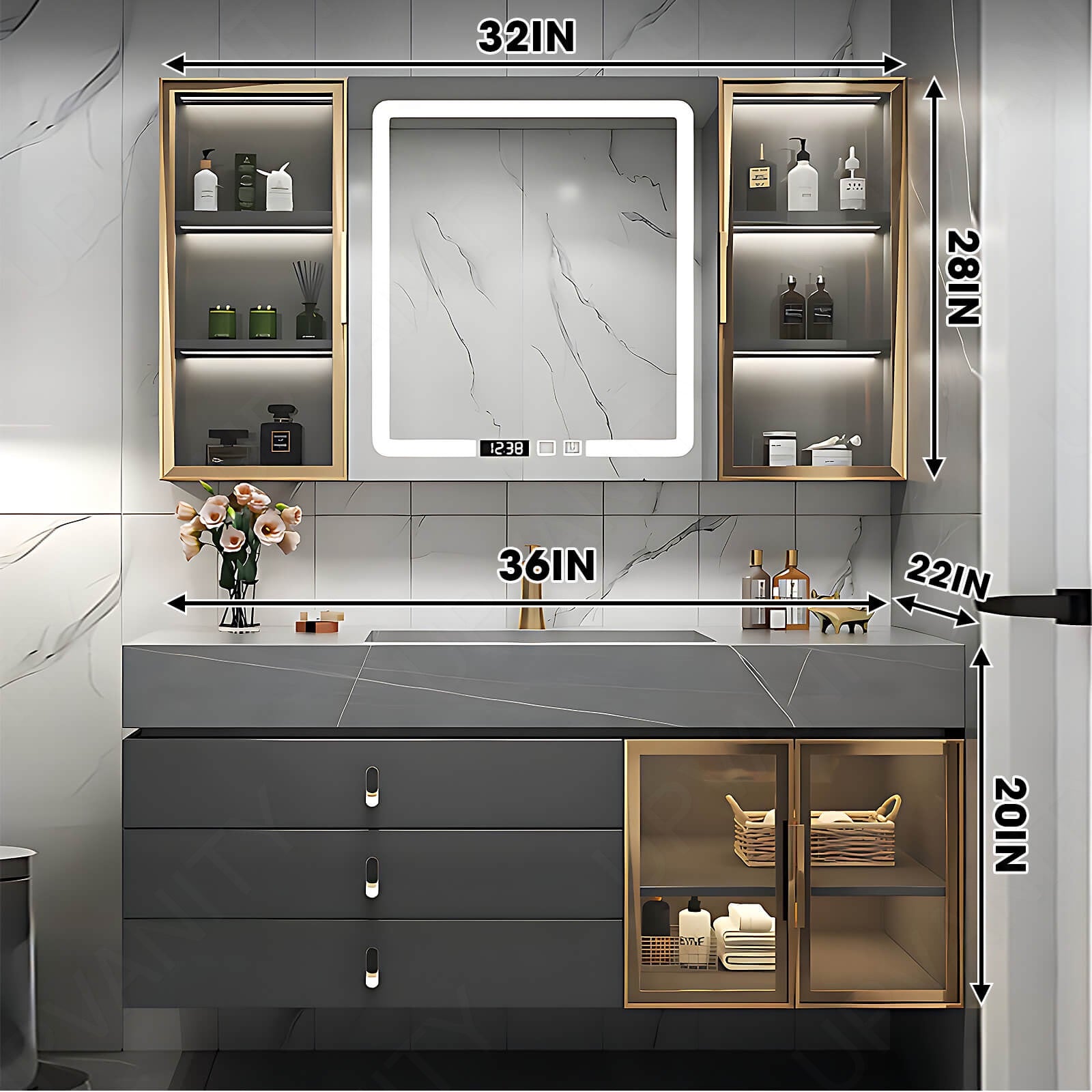 Modern Bath Vanity Set, Gray, Gold Accents, Glass Door, 32"- 48", Single, Floating, Smart LED Mirror, Side Cabinet