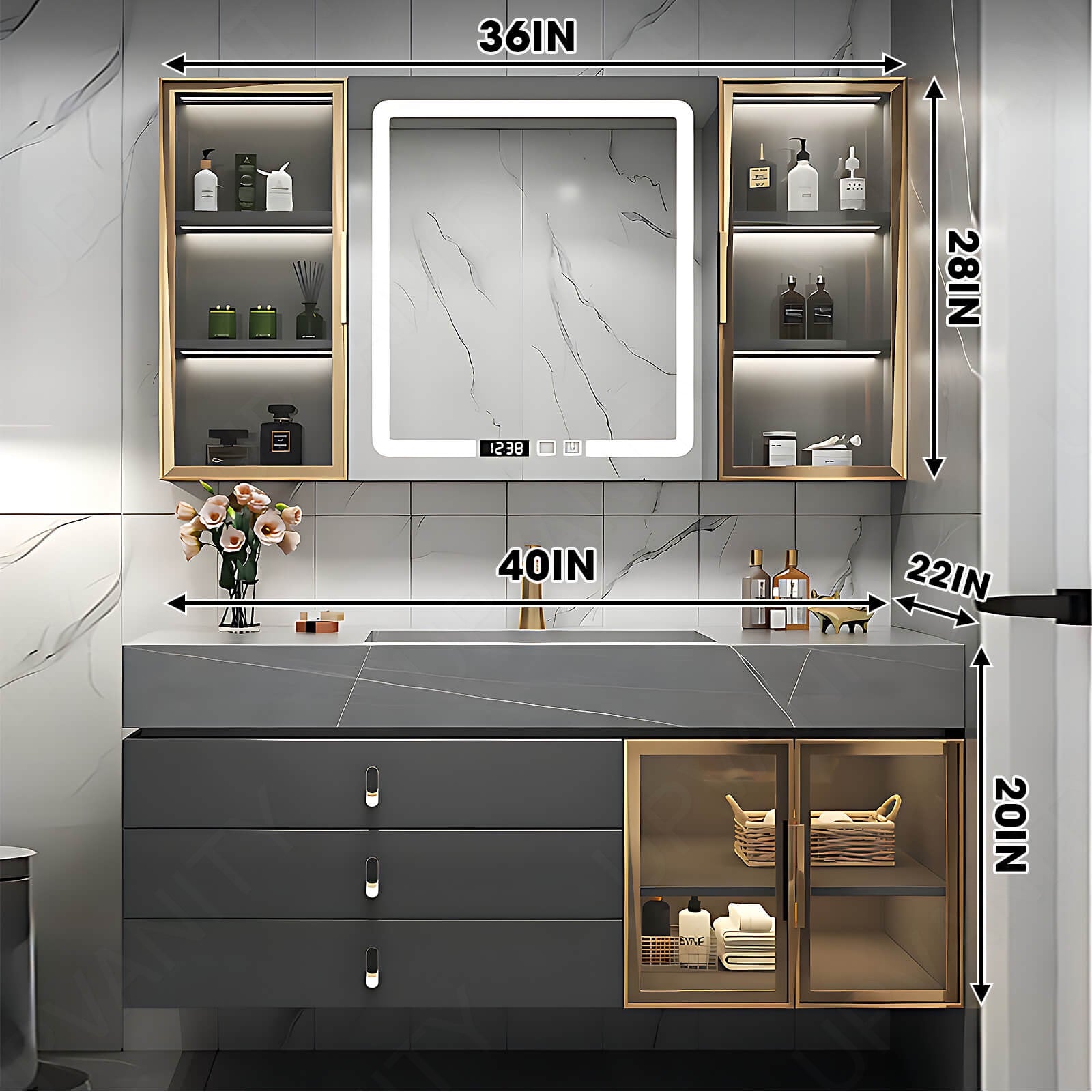 Modern Bath Vanity Set, Gray, Gold Accents, Glass Door, 32"- 48", Single, Floating, Smart LED Mirror, Side Cabinet