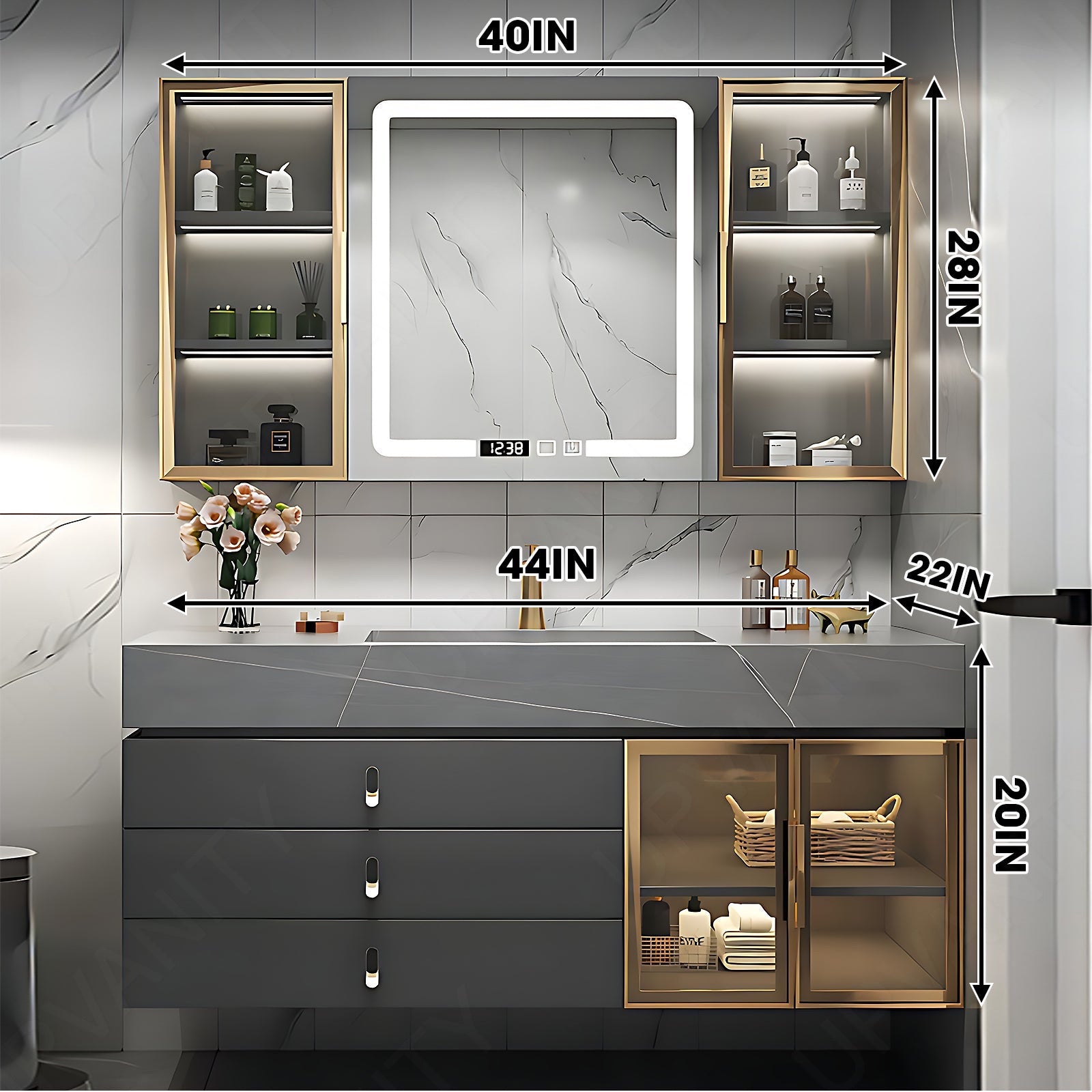 Modern Bath Vanity Set, Gray, Gold Accents, Glass Door, 32"- 48", Single, Floating, Smart LED Mirror, Side Cabinet