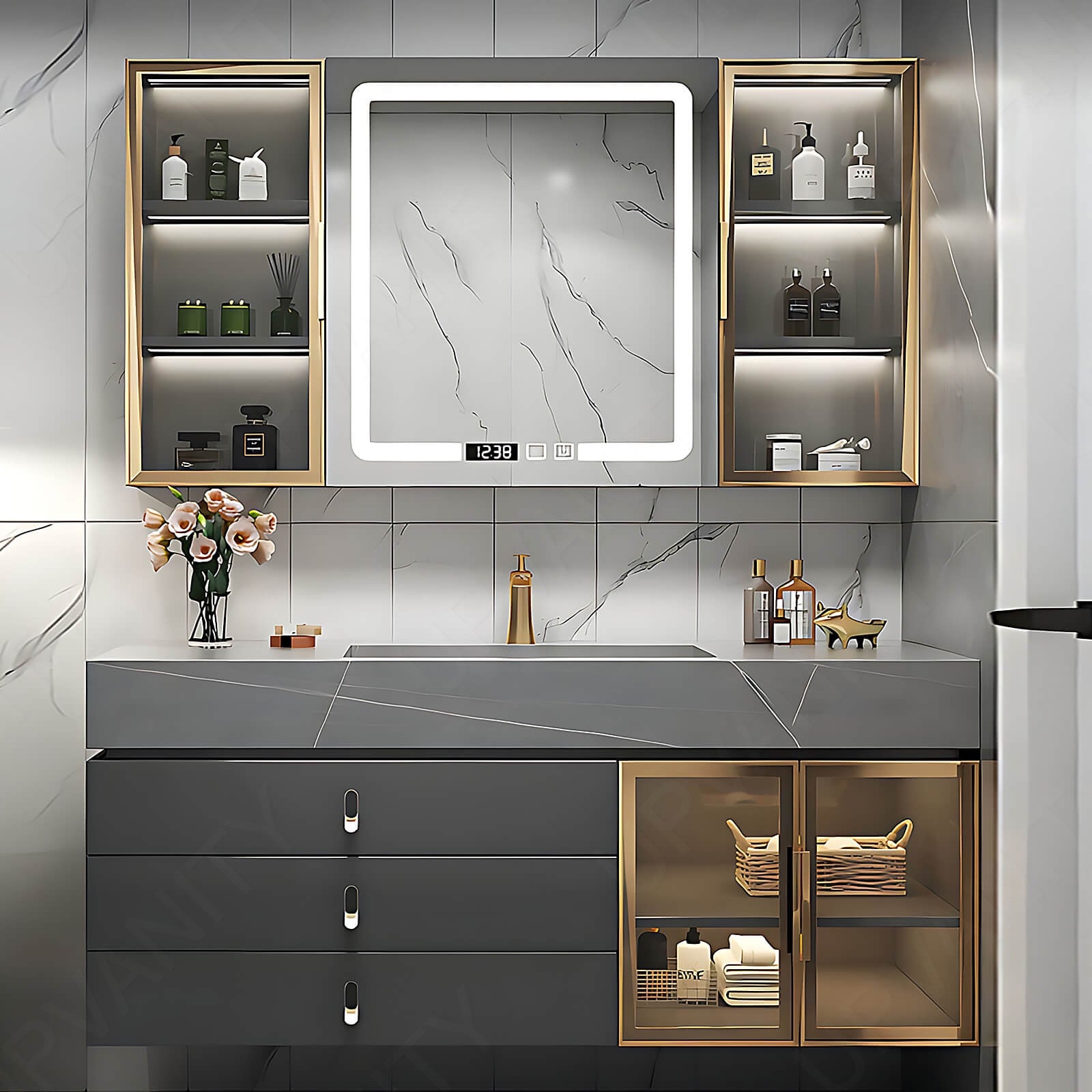 Modern Bath Vanity Set, Gray, Gold Accents, Glass Door, 32"- 48", Single, Floating, Smart LED Mirror, Side Cabinet
