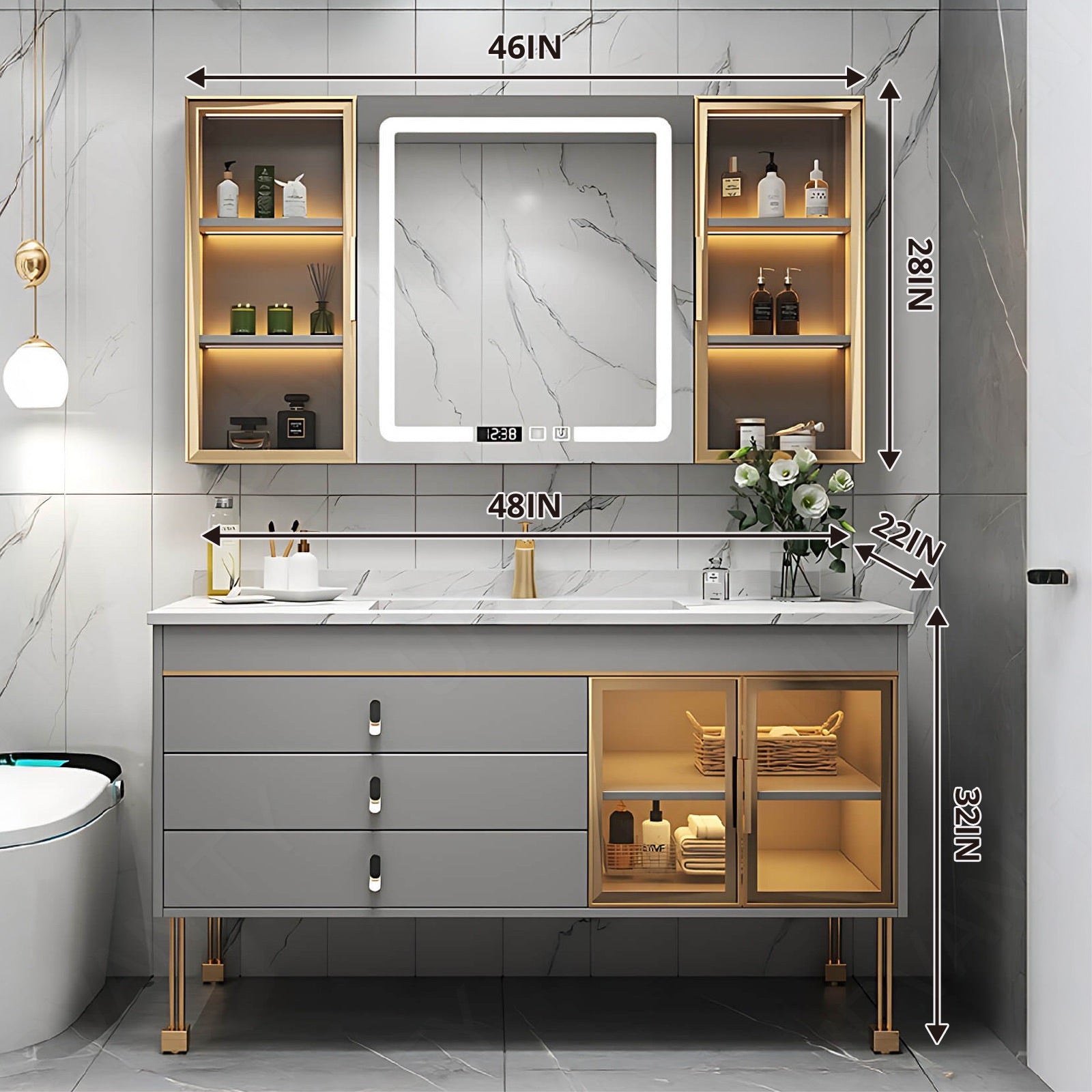 Modern Bath Vanity Set, Gray, Gold Accents, Glass Door, 32"- 48", Single, Freestanding, Smart LED Mirror, Rear and Side Cabinet