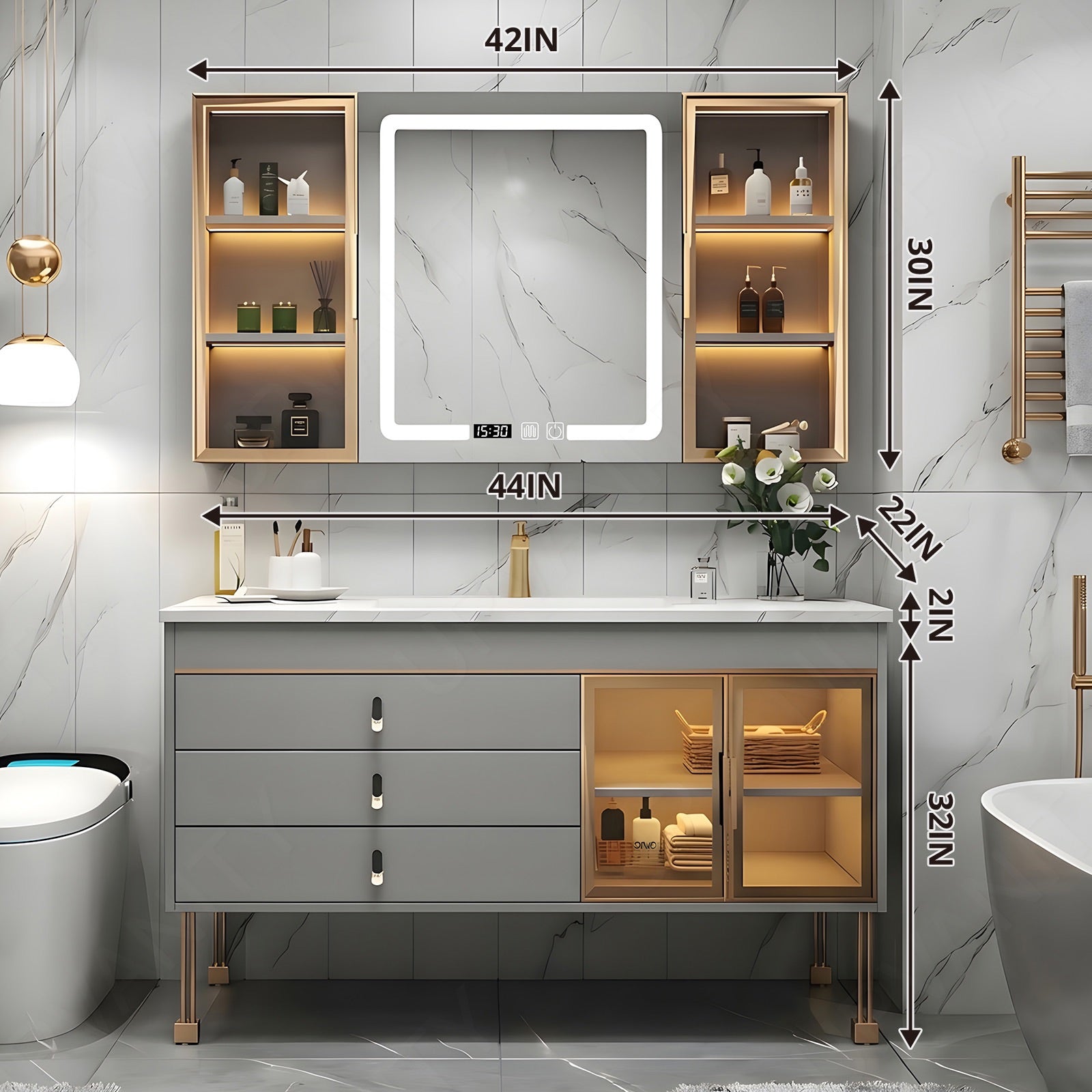 Modern Bath Vanity Set, Gray, Gold Accents, Glass Door, 40"- 60", Single, Freestanding, Smart LED Mirror, Rear and Side Cabinet