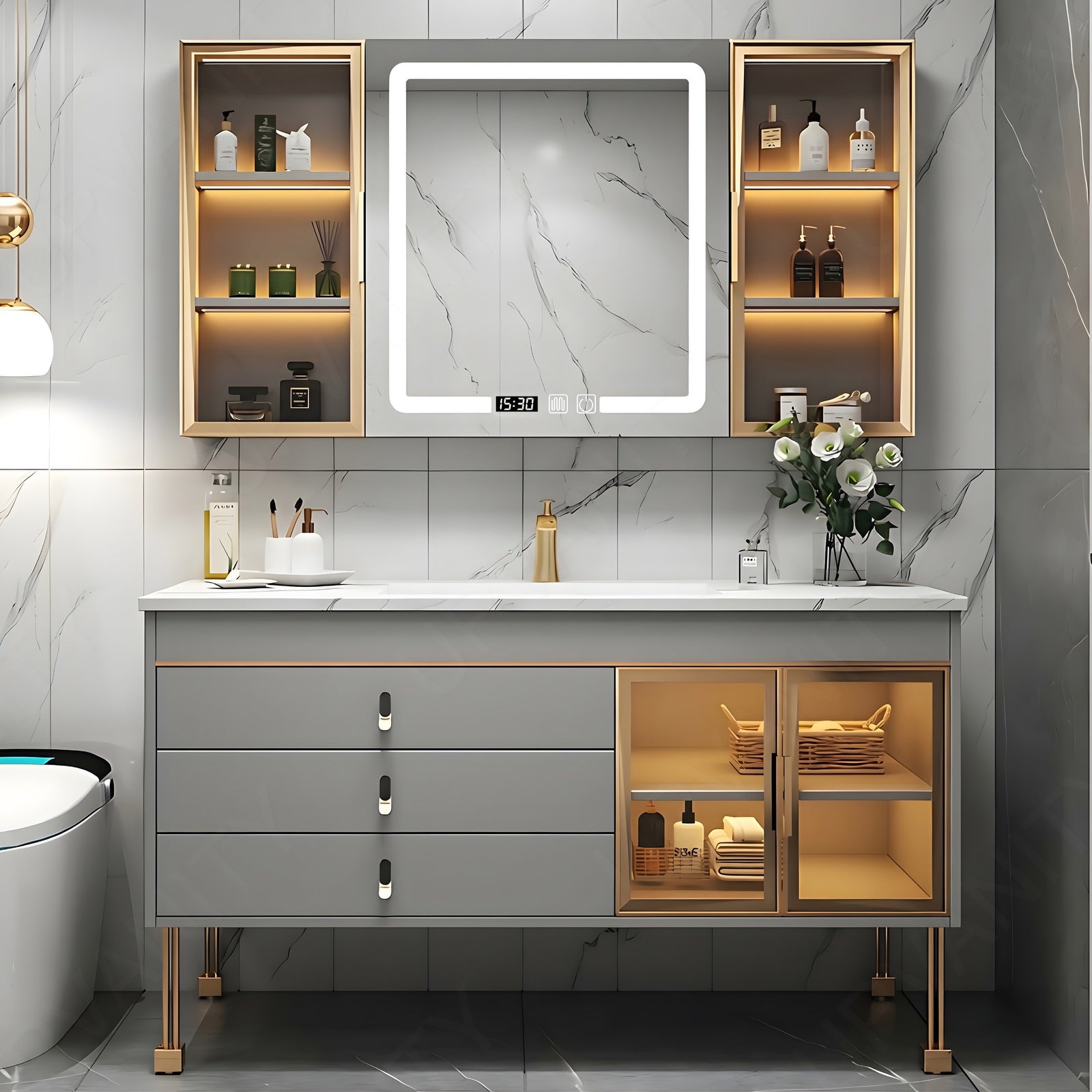 Modern Bath Vanity Set, Gray, Gold Accents, Glass Door, 40"- 60", Single, Freestanding, Smart LED Mirror, Rear and Side Cabinet