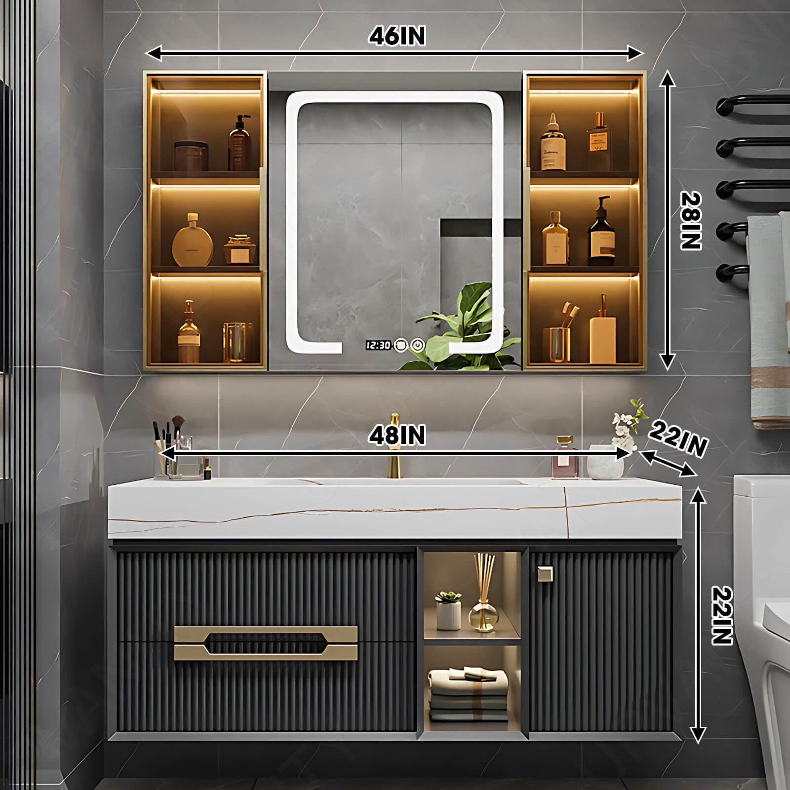 Modern Bath Vanity Set, Gray, Gold Accents, Striped Panel, 44"- 52", Single, Floating, Glass Door, Smart LED Mirror, Side Cabinet