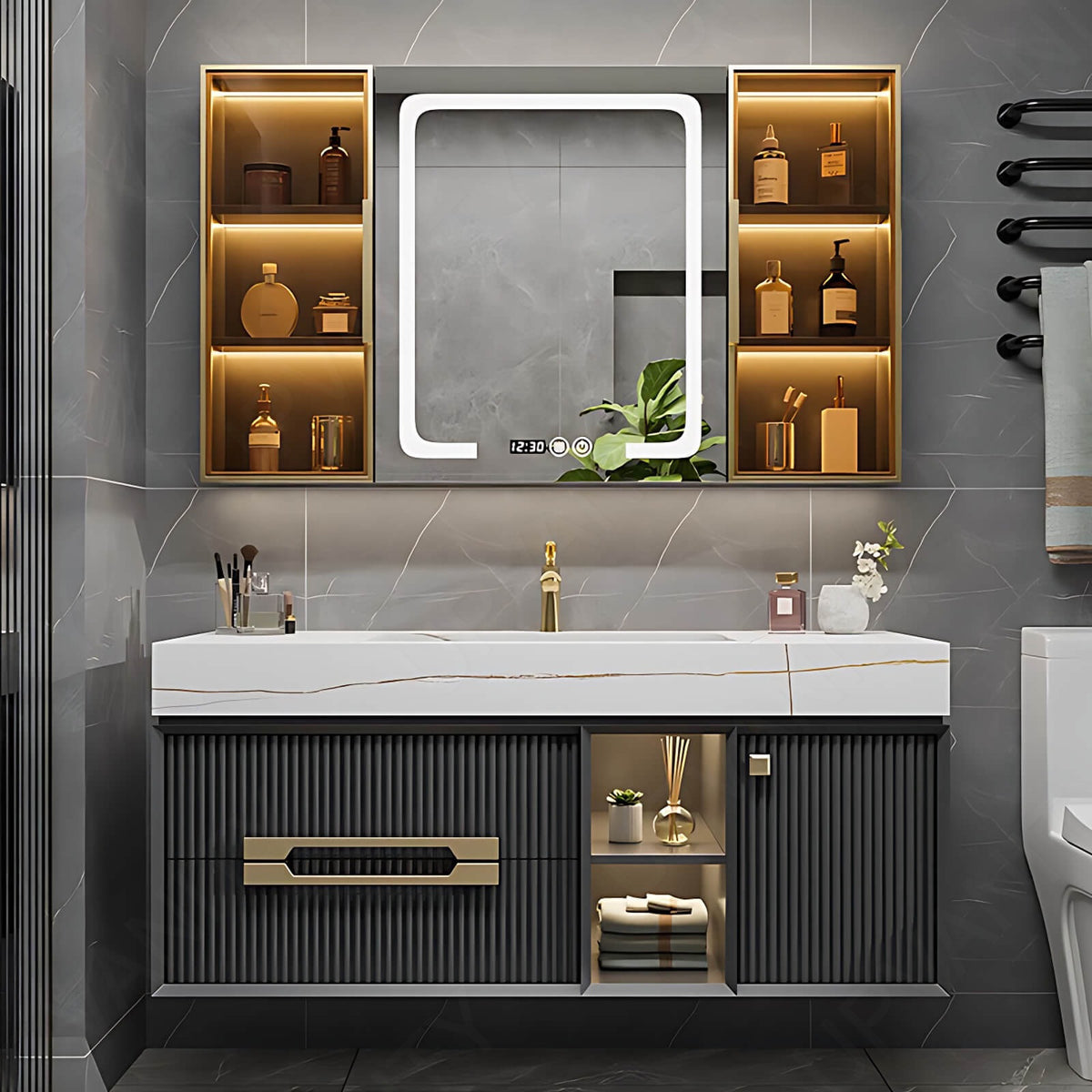 Modern Bath Vanity Set, Gray, Gold Accents, Striped Panel, 44"- 52", Single, Floating, Glass Door, Smart LED Mirror, Side Cabinet
