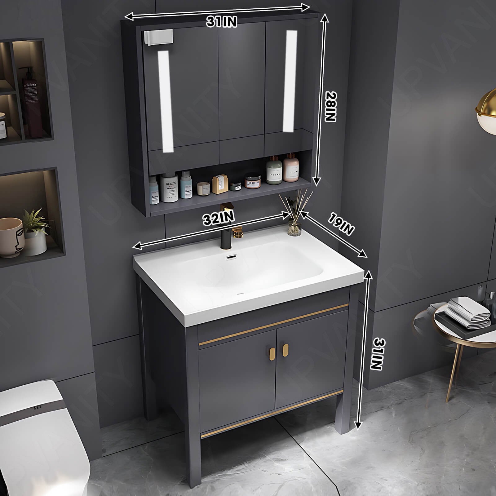Modern Bath Vanity Set, Gray, Gold Accents, White Slate Top, 32"- 44", Single, Freestanding, Smart LED Mirror, Rear Cabinet