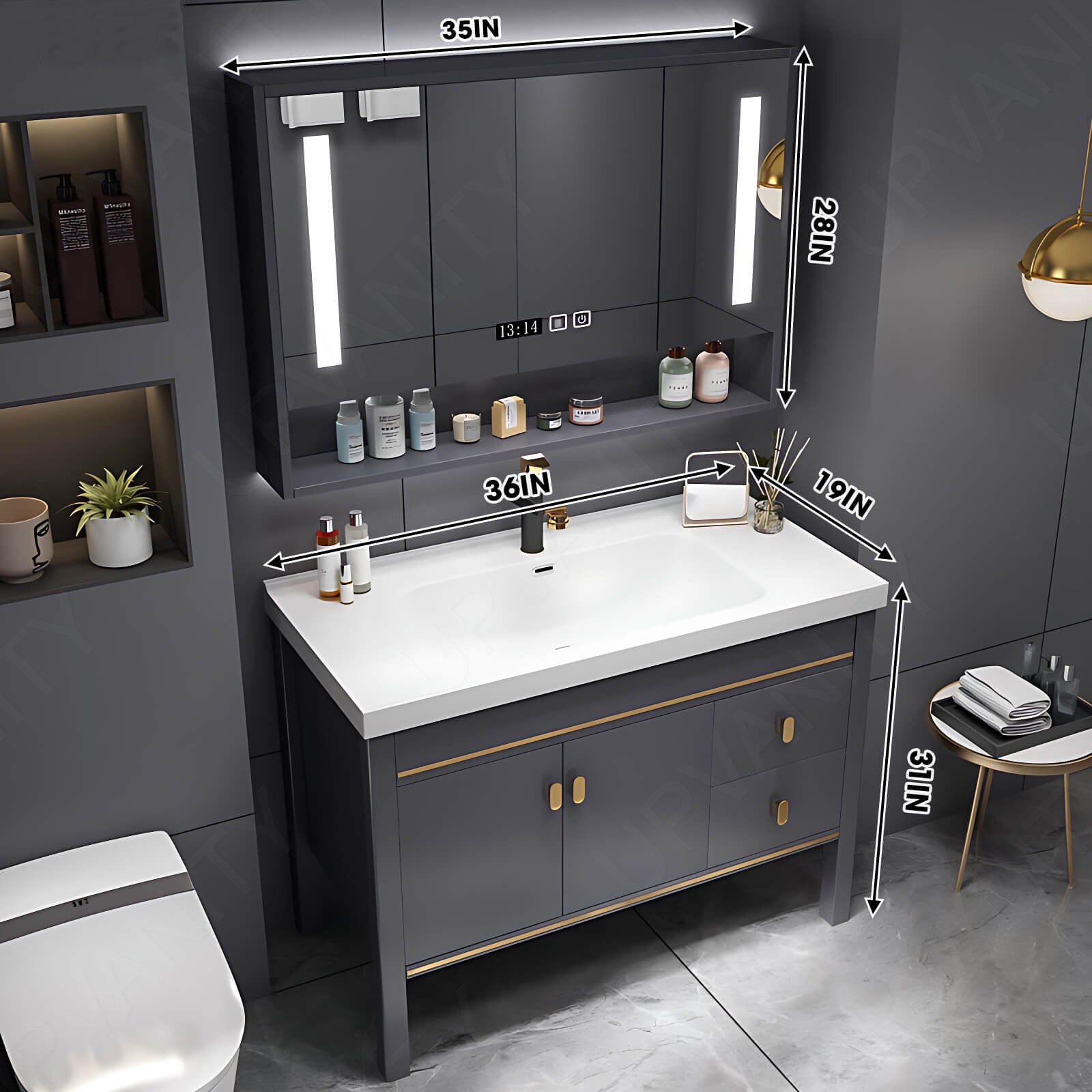 Modern Bath Vanity Set, Gray, Gold Accents, White Slate Top, 32"- 44", Single, Freestanding, Smart LED Mirror, Rear Cabinet