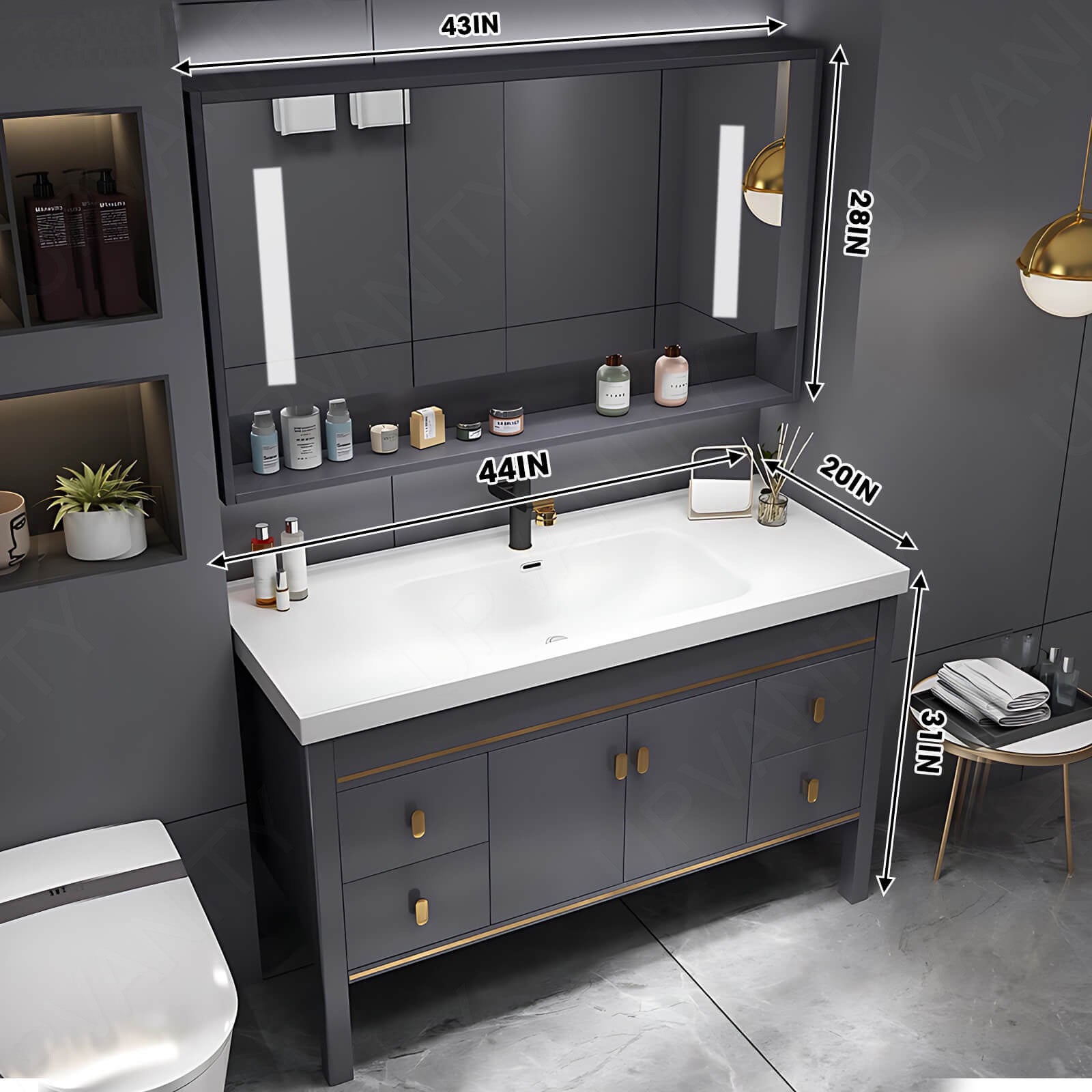 Modern Bath Vanity Set, Gray, Gold Accents, White Slate Top, 32"- 44", Single, Freestanding, Smart LED Mirror, Rear Cabinet