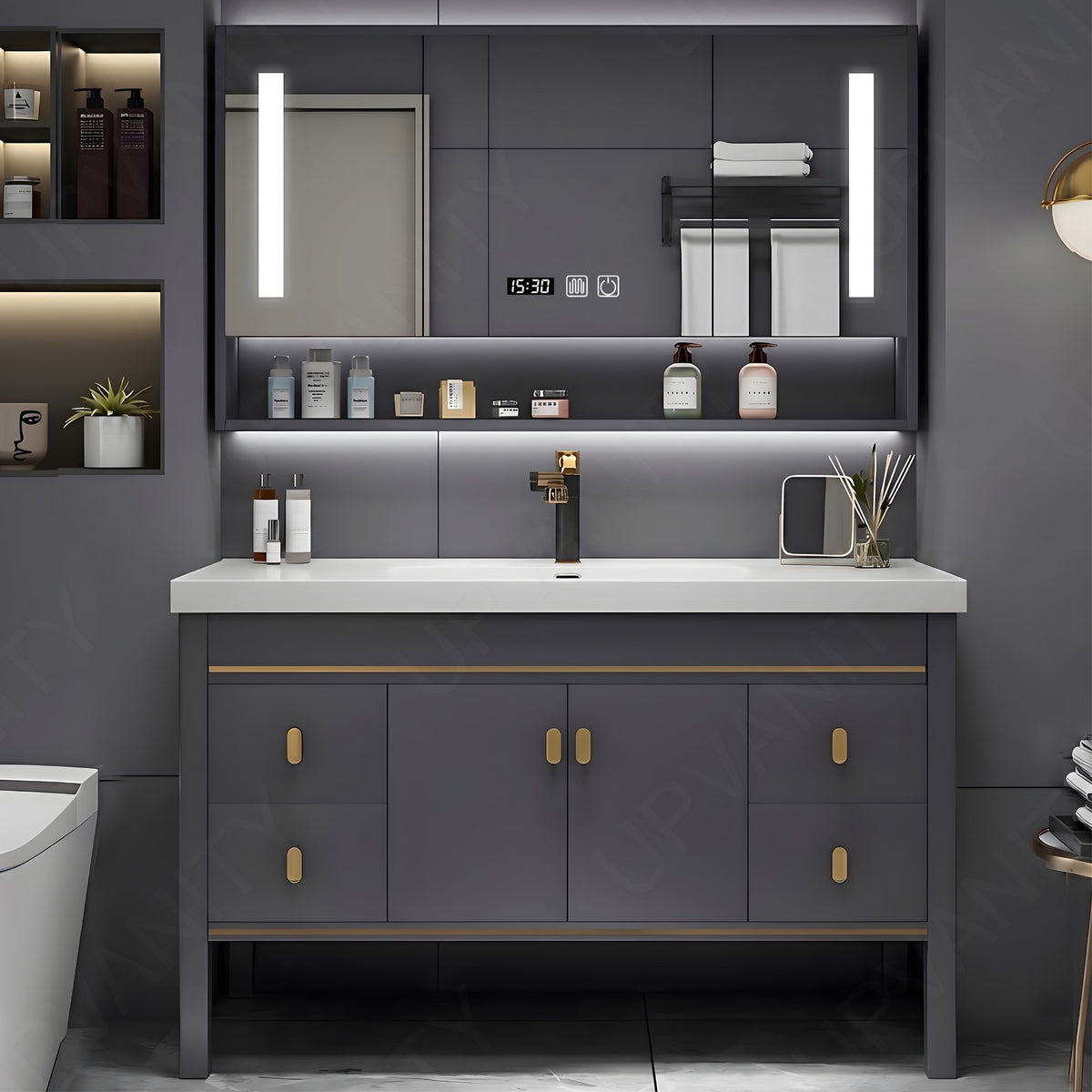 Modern Bath Vanity Set, Gray, Gold Accents, White Slate Top, 32"- 44", Single, Freestanding, Smart LED Mirror, Rear Cabinet