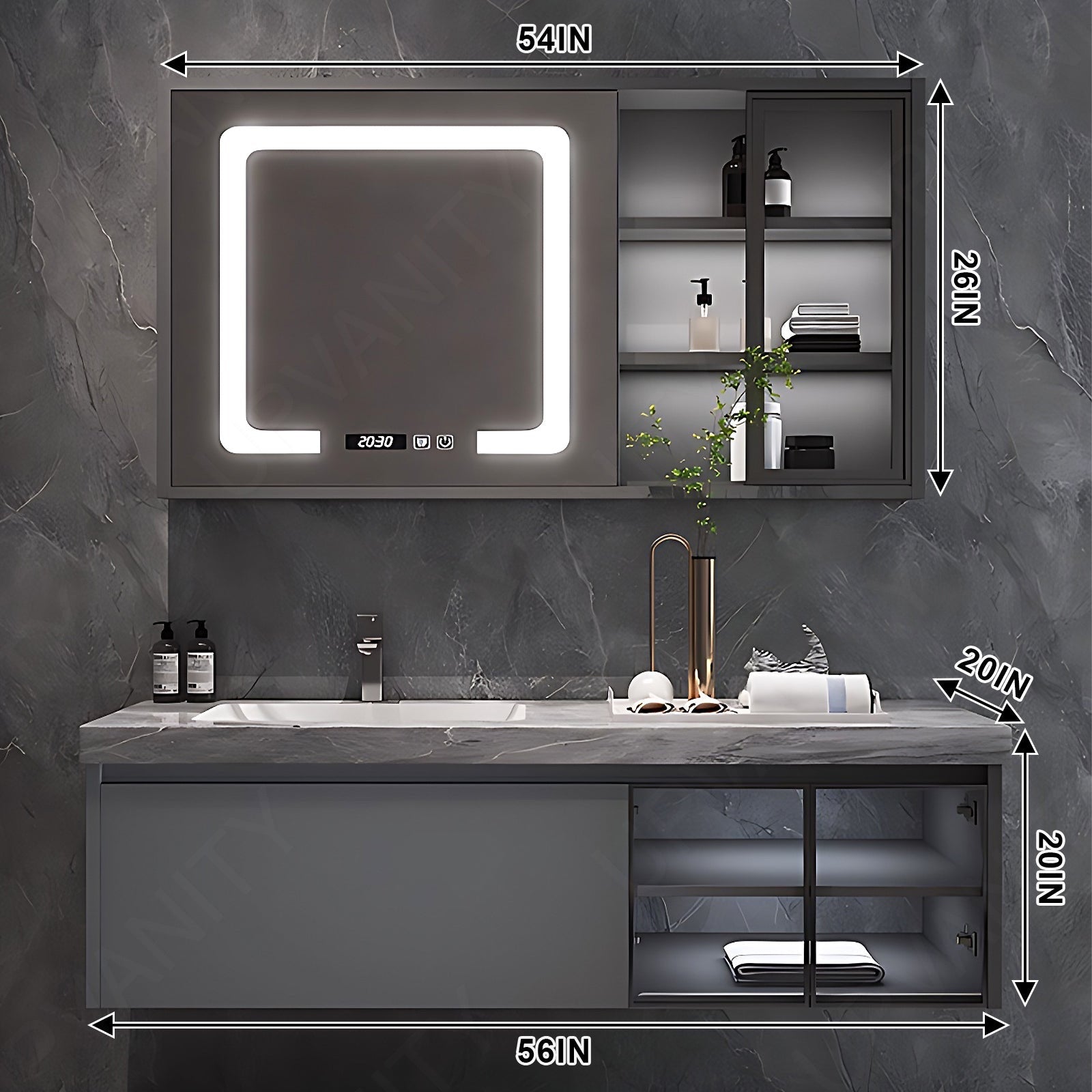 Modern Bath Vanity Set, Gray, Gray Marble Textured Top, 40"- 60", Single, Floating, Glass Door, Smart LED Mirror, Rear/Side Cabinet