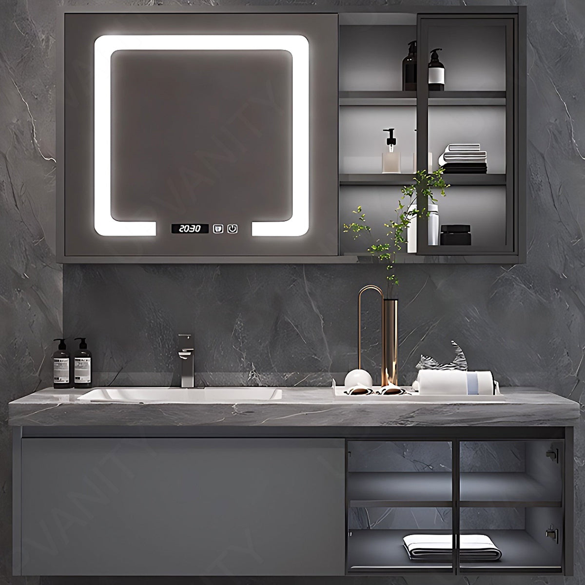 Modern Bath Vanity Set, Gray, Gray Marble Textured Top, 40"- 60", Single, Floating, Glass Door, Smart LED Mirror, Rear/Side Cabinet