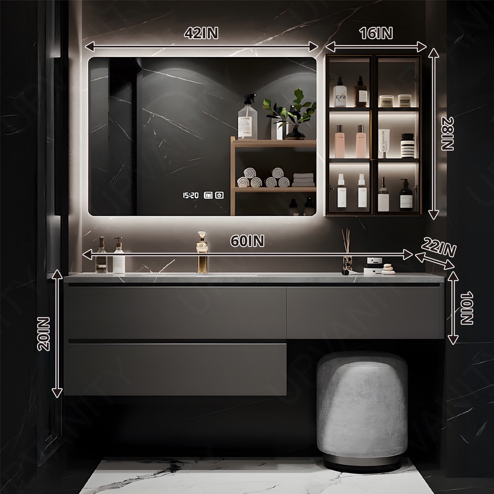 Modern Bath Vanity Set, Gray, Gray Marble Textured Top, 40"-64", Single, Floating, Smart LED Mirror, Side Cabinet