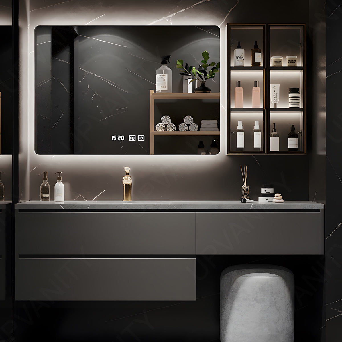 Modern Bath Vanity Set, Gray, Gray Marble Textured Top, 40"-64", Single, Floating, Smart LED Mirror, Side Cabinet