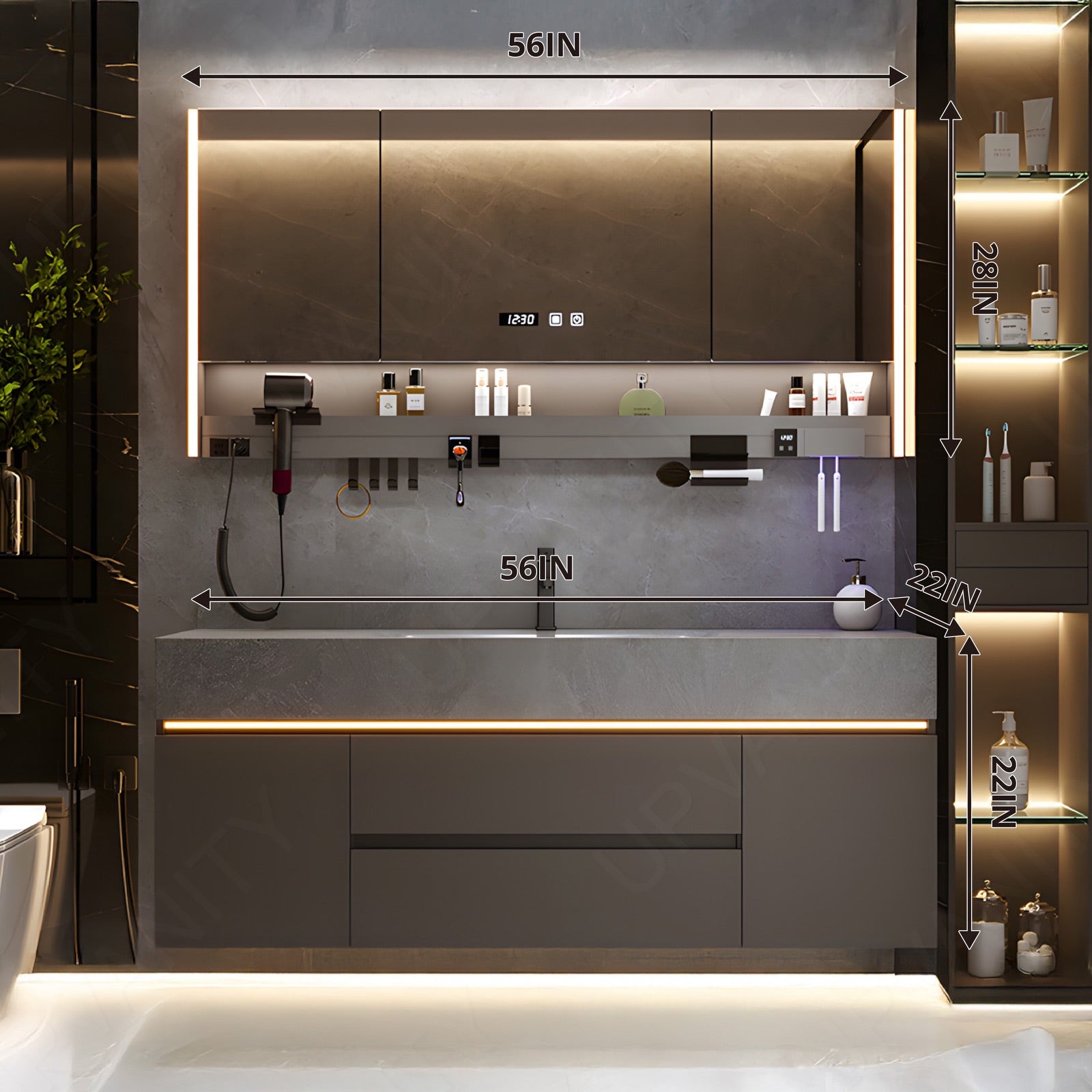 Modern Bath Vanity Set, Gray, Gray Slate Top, 40"-64", Single, Floating, Sensor Light, Smart LED Mirror, Rear Cabinet, Storage Rack