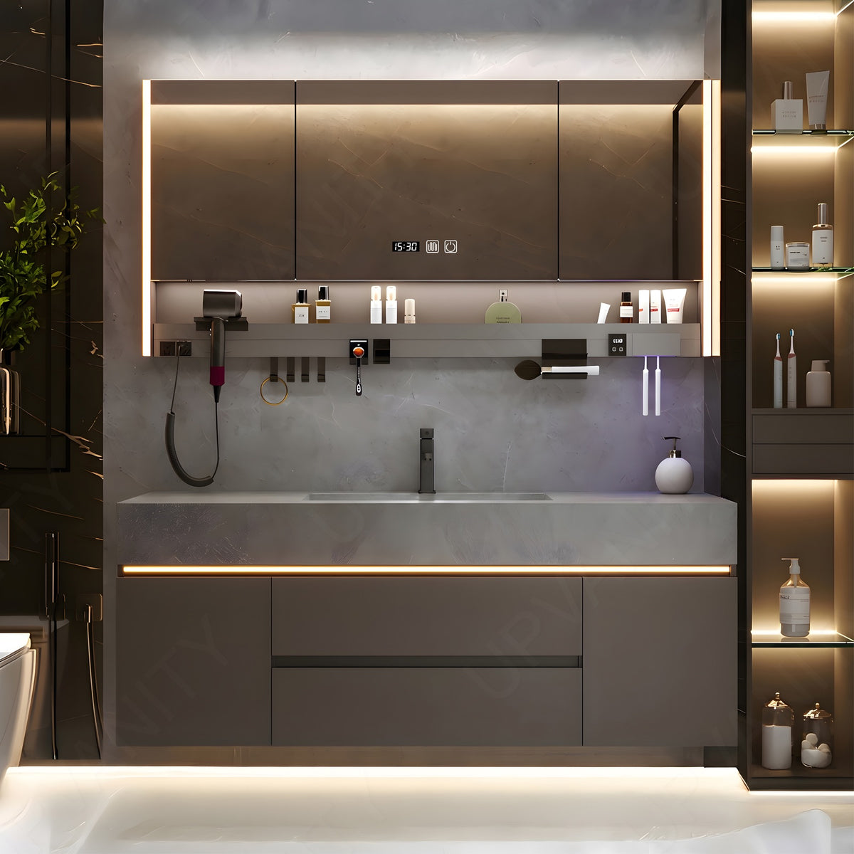 Modern Bath Vanity Set, Gray, Gray Slate Top, 40"-64", Single, Floating, Sensor Light, Smart LED Mirror, Rear Cabinet, Storage Rack