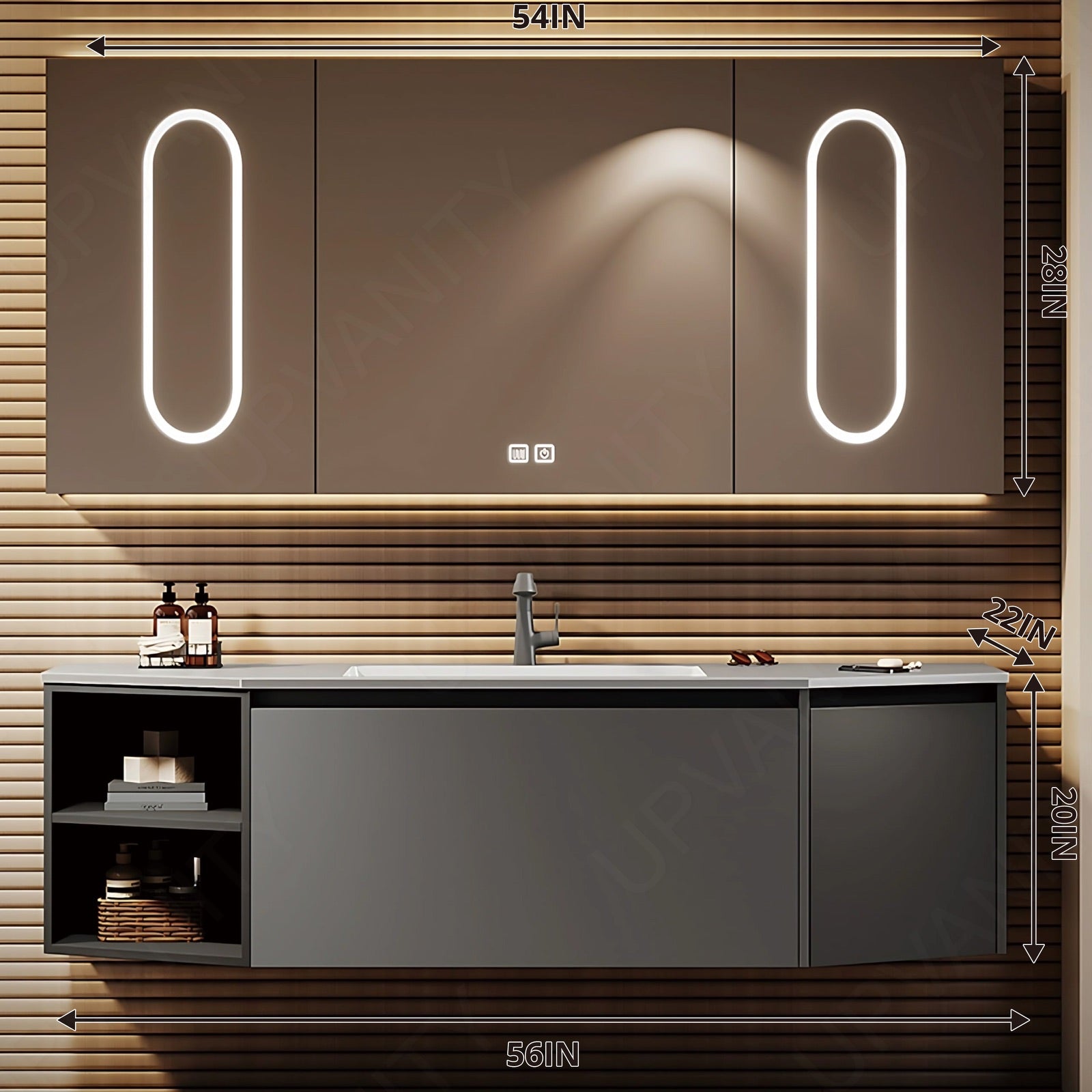 Modern Bath Vanity Set, Gray, Gray Slate Top, 44"-60", Single, Floating, Smart LED Mirror, Rear Cabinet