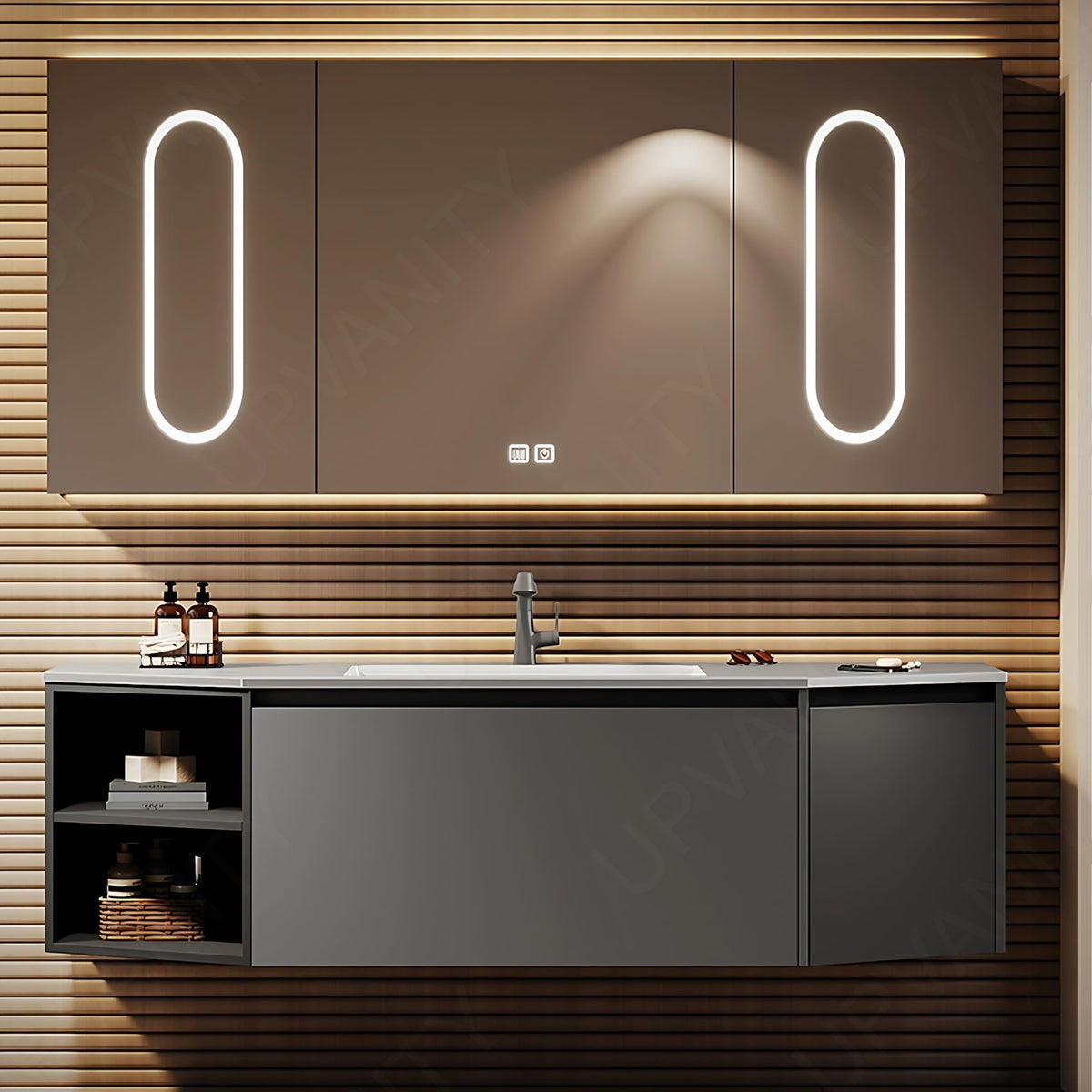 Modern Bath Vanity Set, Gray, Gray Slate Top, 44"-60", Single, Floating, Smart LED Mirror, Rear Cabinet