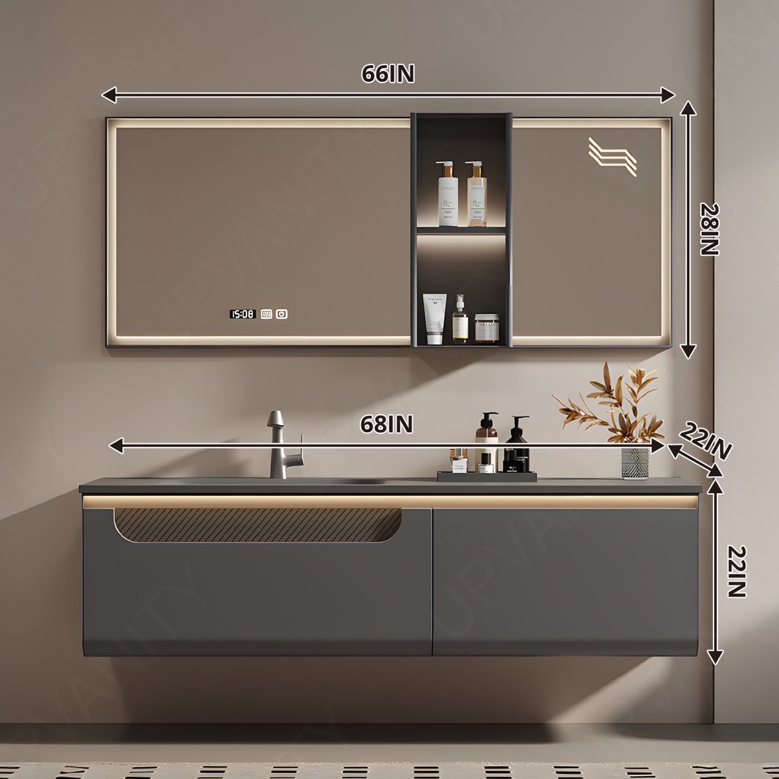 Modern Bath Vanity Set, Gray, Gray Slate Top, 56"-78", Single, Floating, Smart LED Mirror, Sensor Light, Rear Cabinet